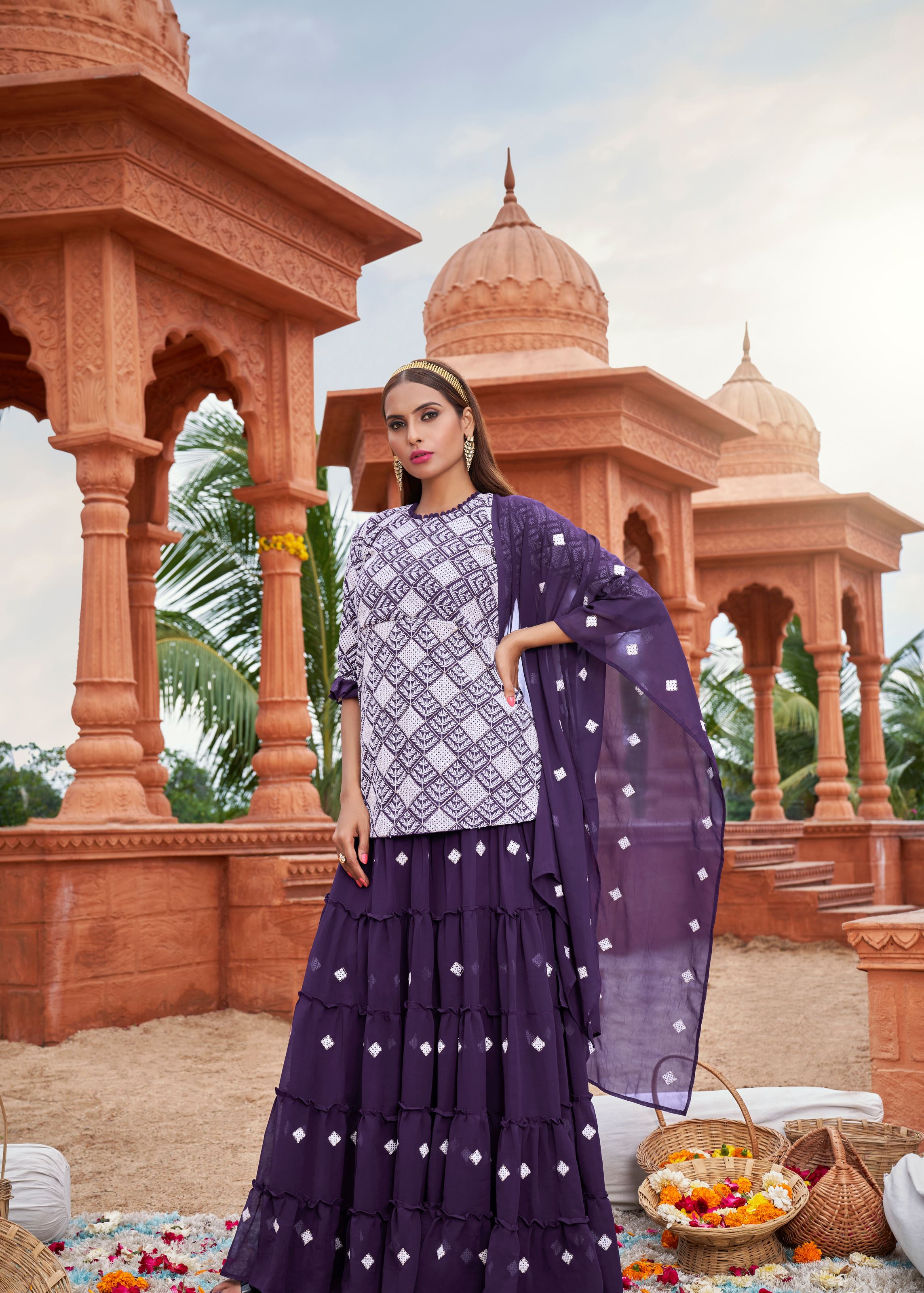 Purple Sarara Suite With Heavy Fox Georgette And Cotton Embroidery Work