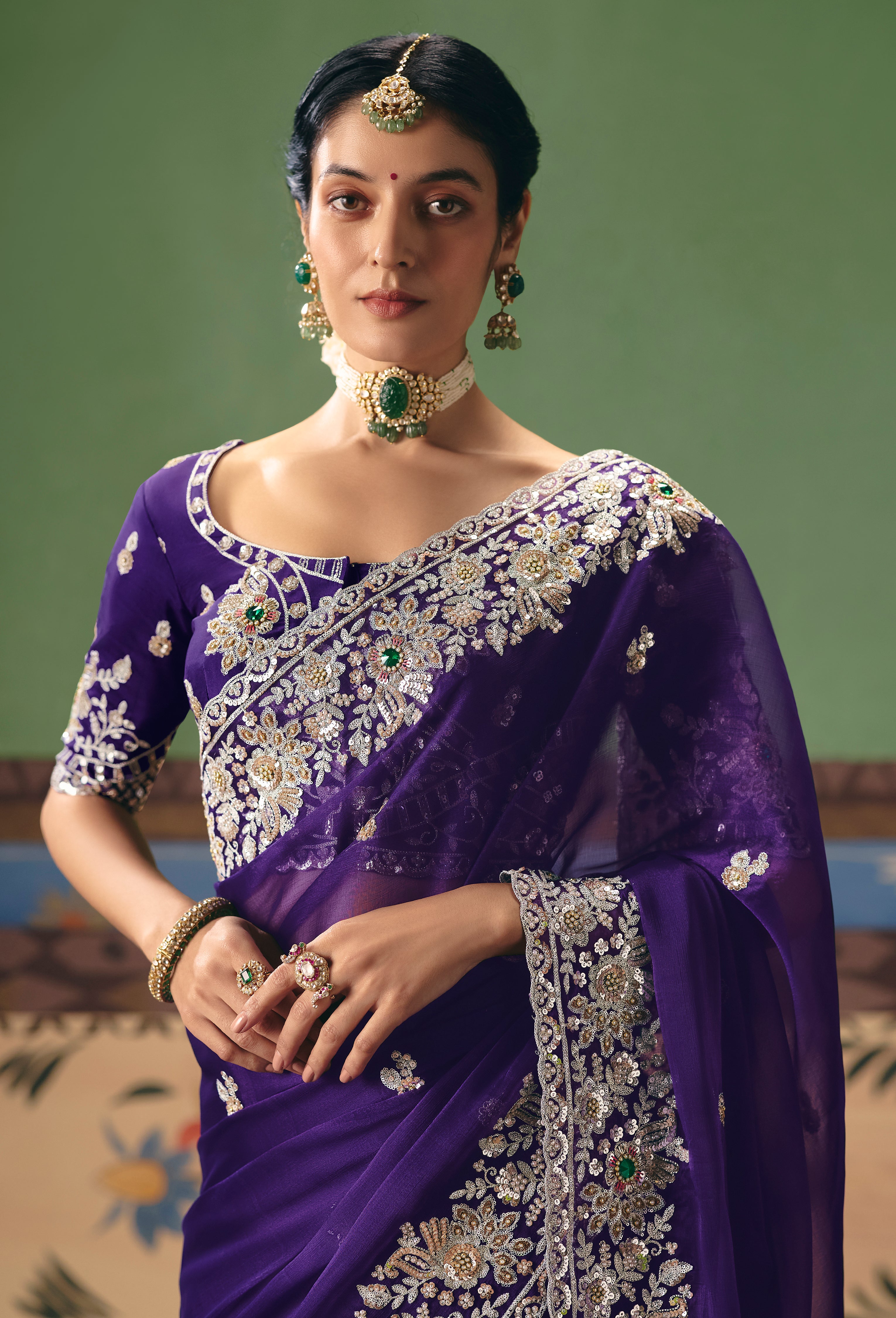 Purple Saree With  Heavy Designer Embroidery, Sequince, Stone, Pearl With Beads Work