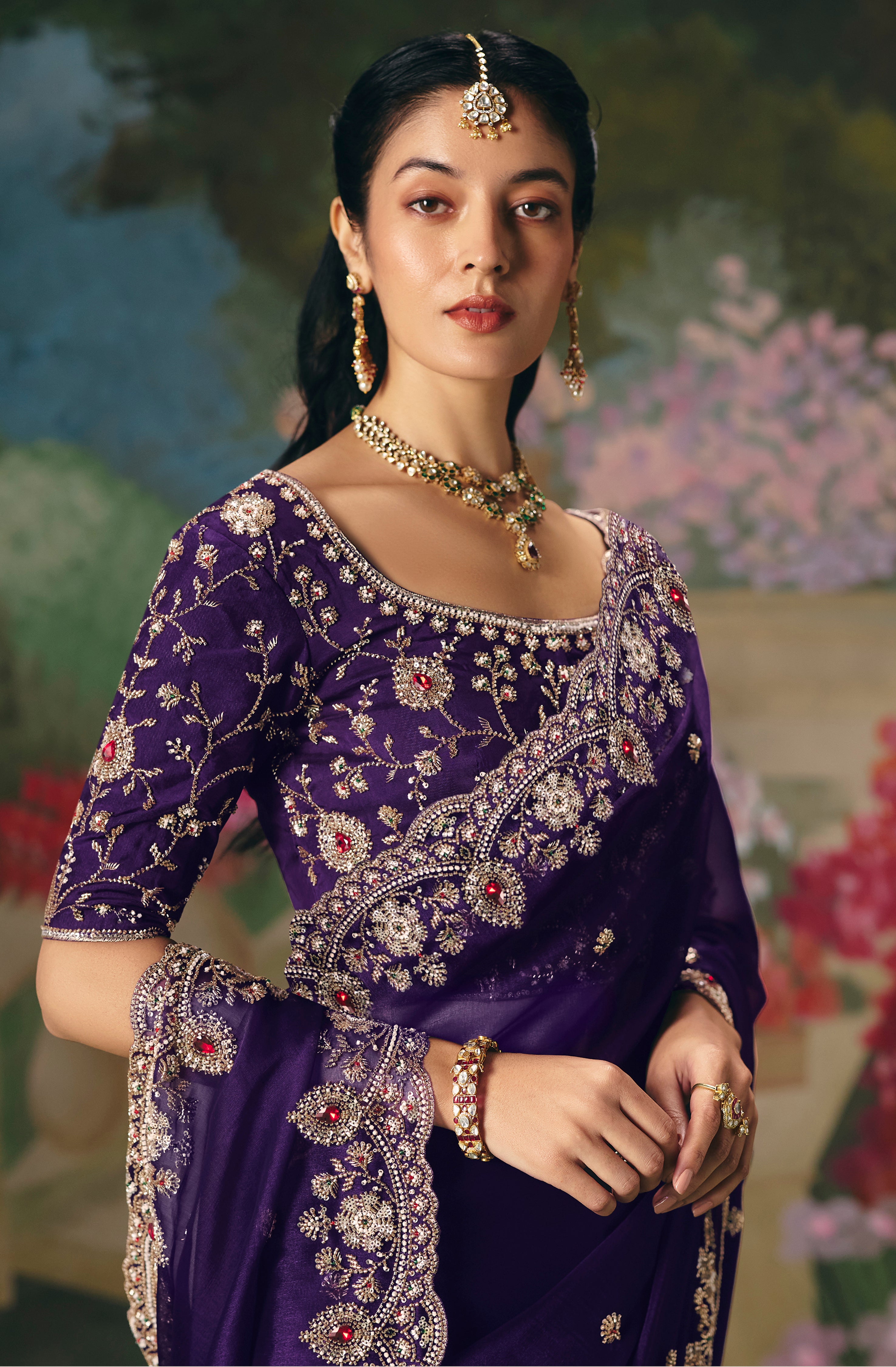 Purple Saree With  Heavy Designer Embroidery, Sequince, Stone, With Beads Work