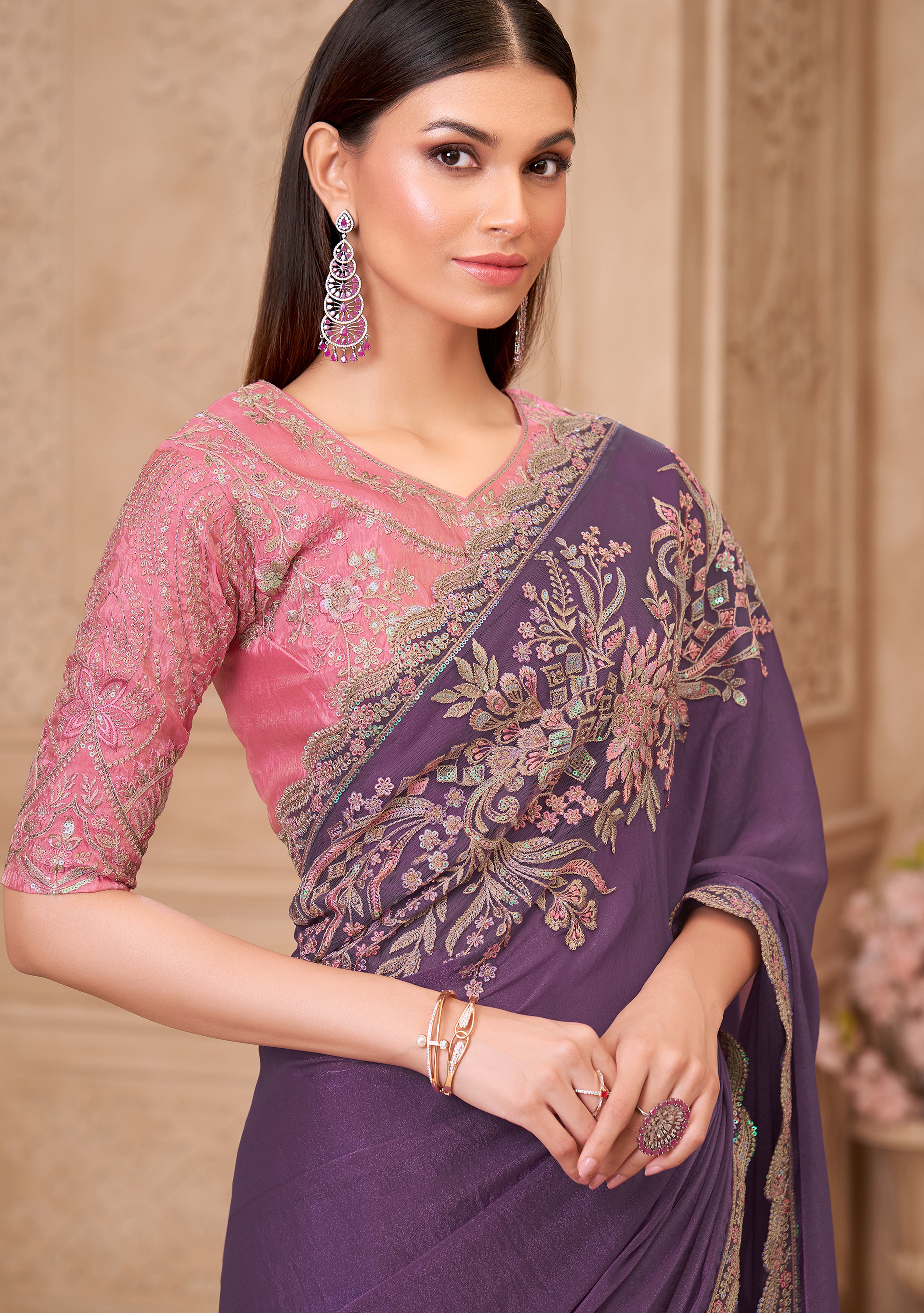 Purple Saree With  Heavy Thread Embroidery Sequins Border Work With Embroidery Blouse Jacket