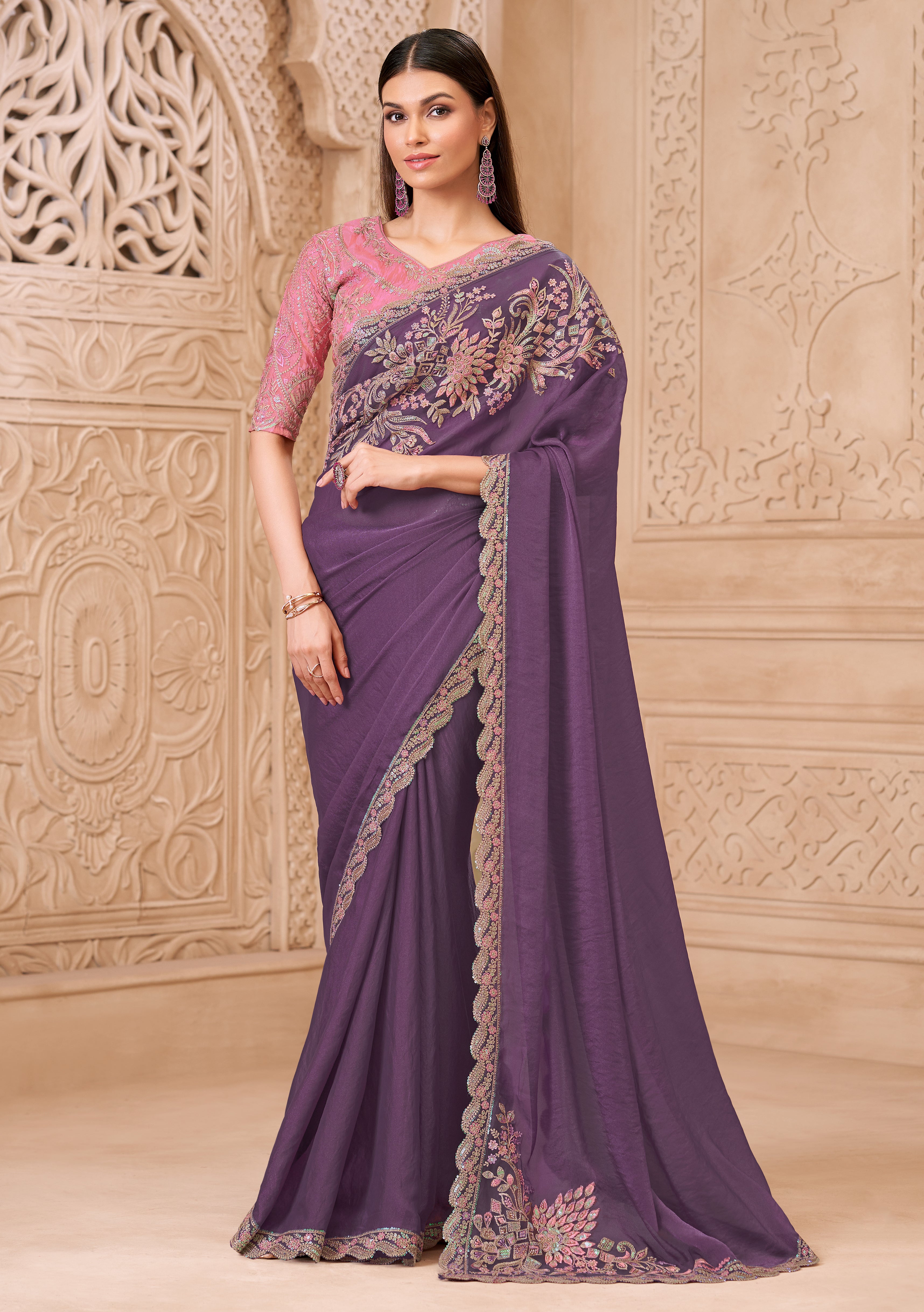 Purple Saree With  Heavy Thread Embroidery Sequins Border Work With Embroidery Blouse Jacket
