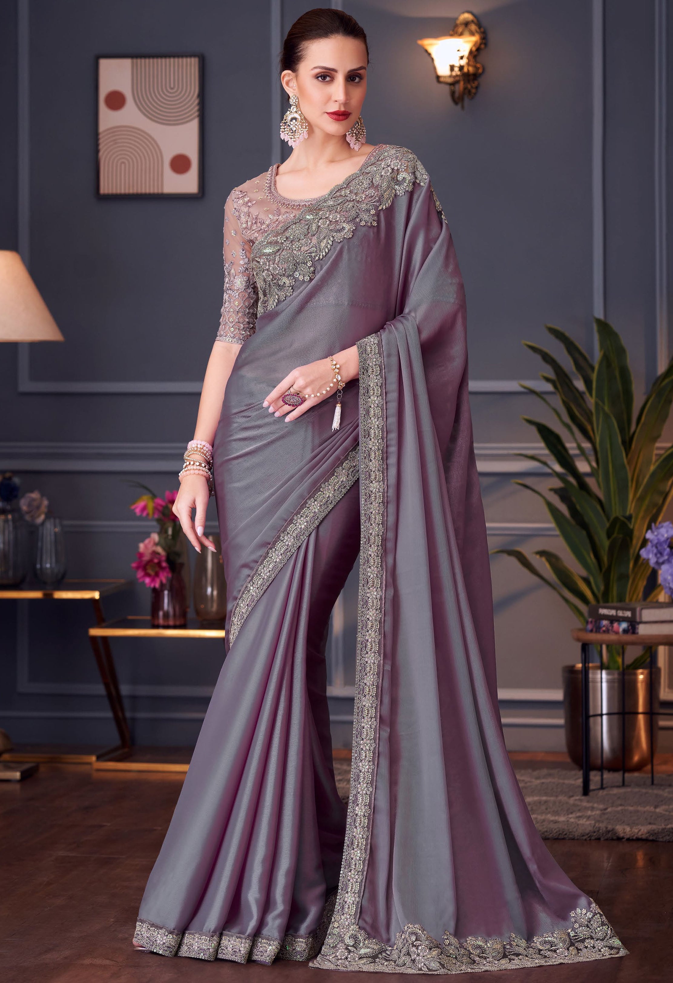 Purple Saree With  Heavy Thread Embroidery Sequins Work