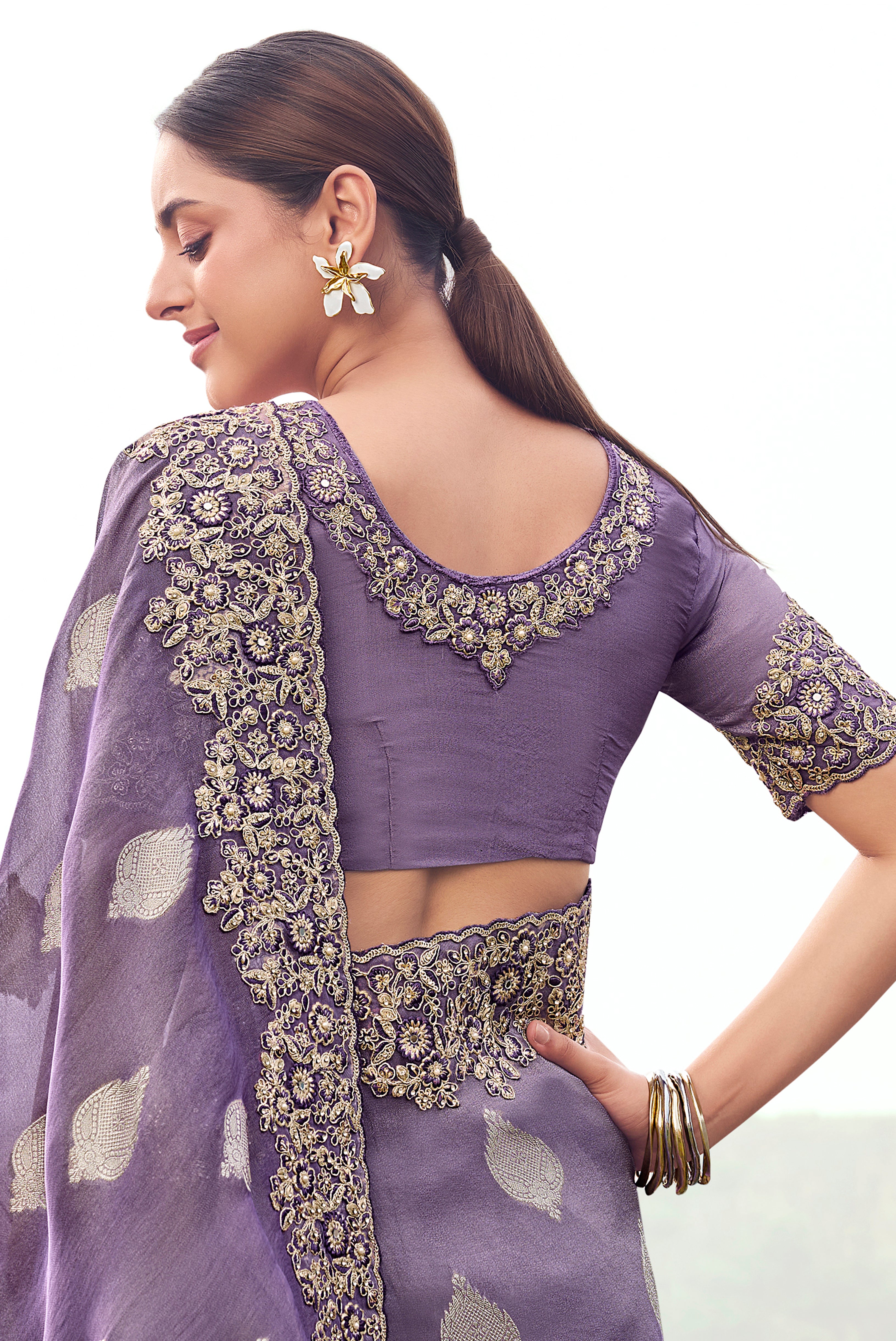 Purple Saree With  Jacquard Woven With Embroidered Border & Blouse