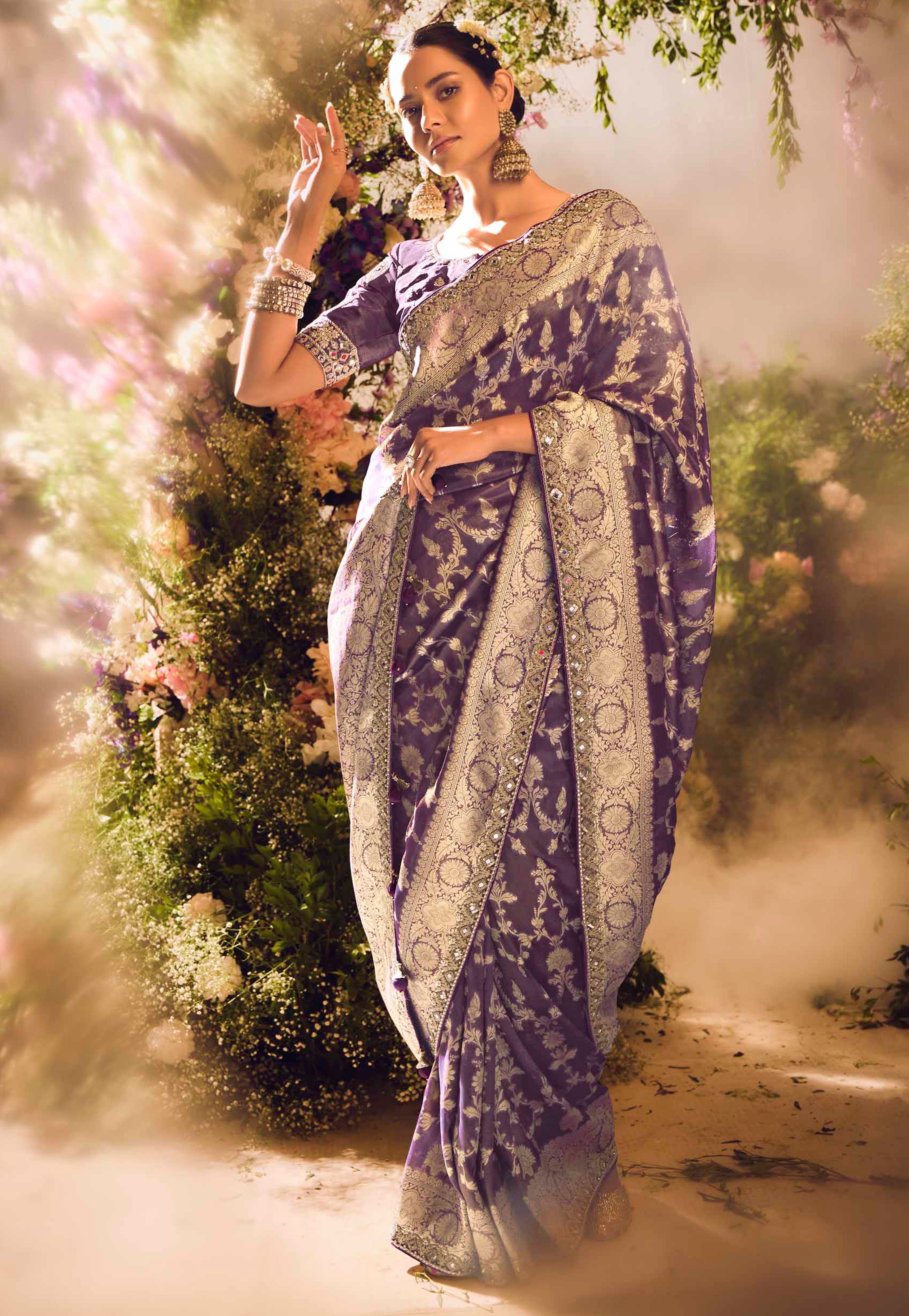 Purple Saree With  Jacquard Woven Work with Embroidered Lace Border