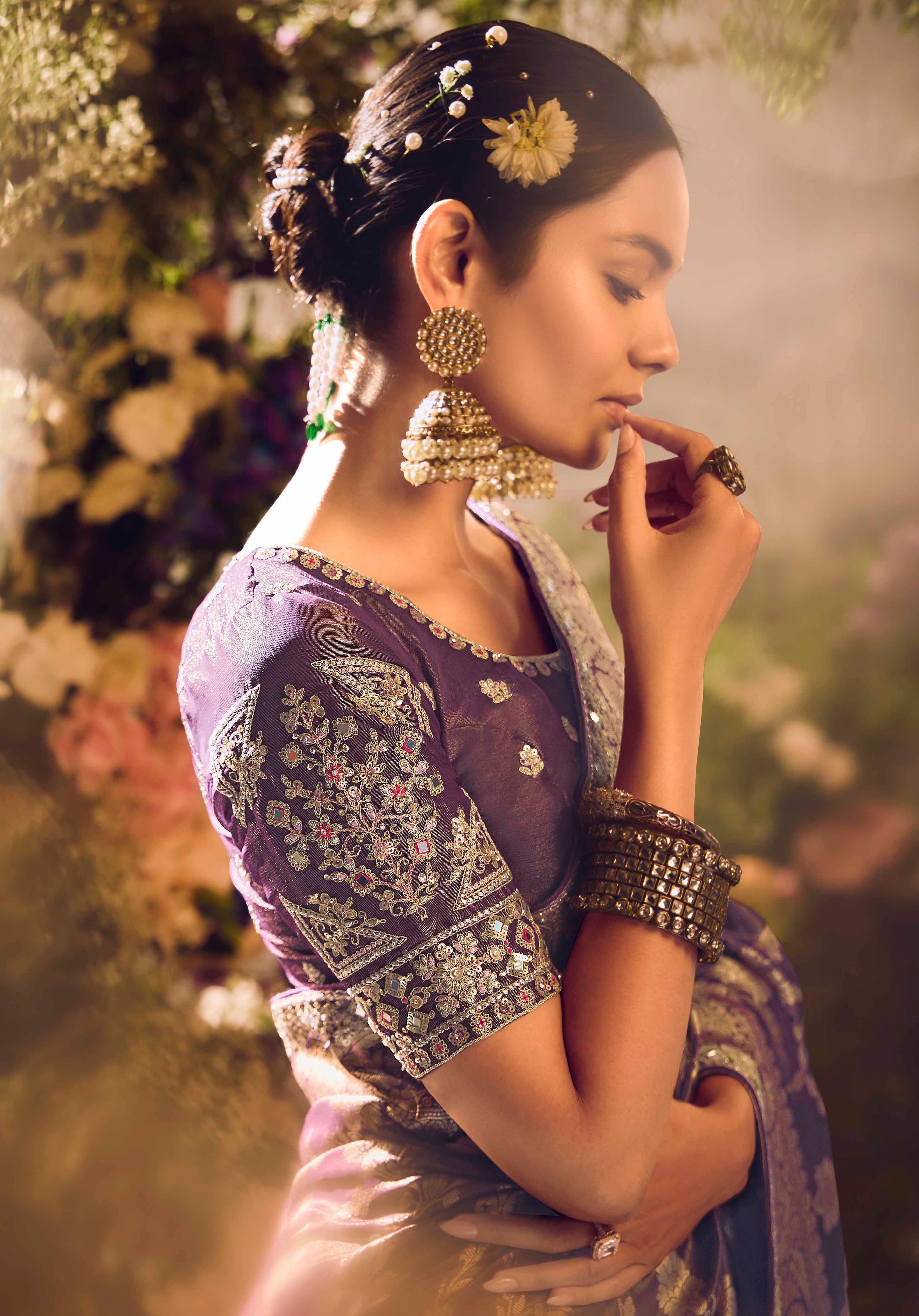 Purple Saree With  Jacquard Woven Work with Embroidered Lace Border