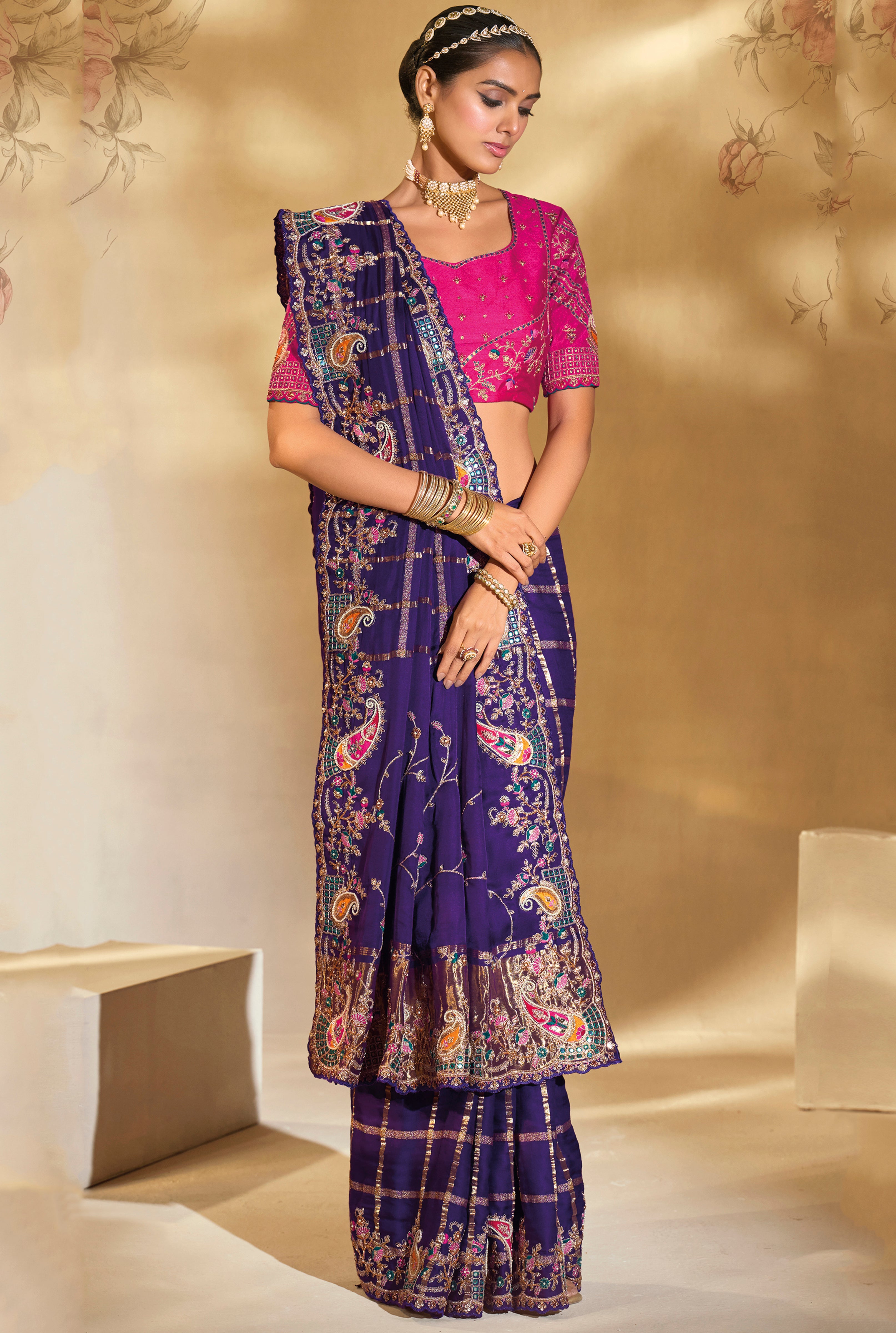 Purple Saree With  Jari, Thread, Moti, Cut-Dana With Mirror Heavy Work