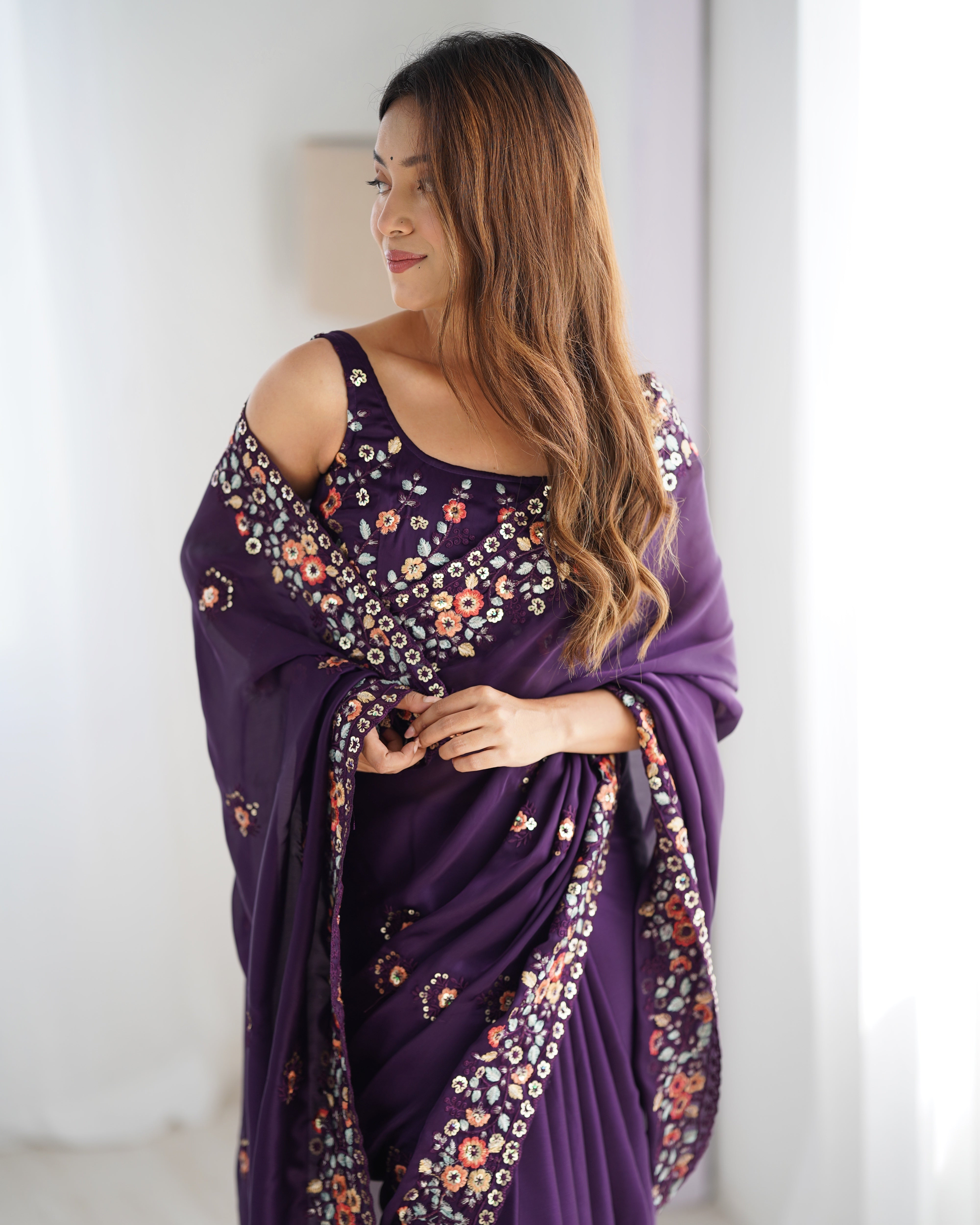 Purple Satin Chiffon Fabric Designer Thread And Sequins Work Partywear Saree