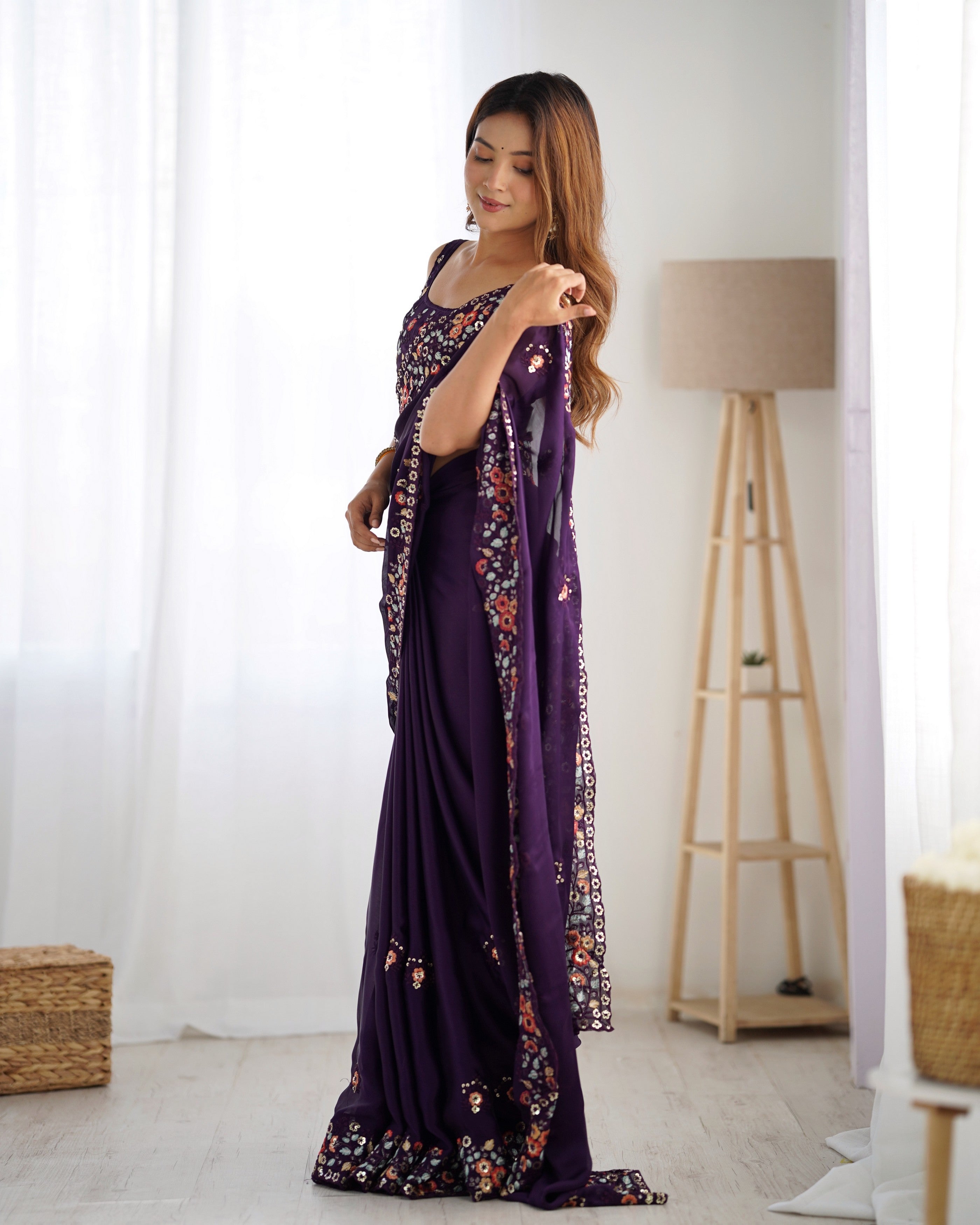 Purple Satin Chiffon Heavy Bollywood Style Ceremonial Saree