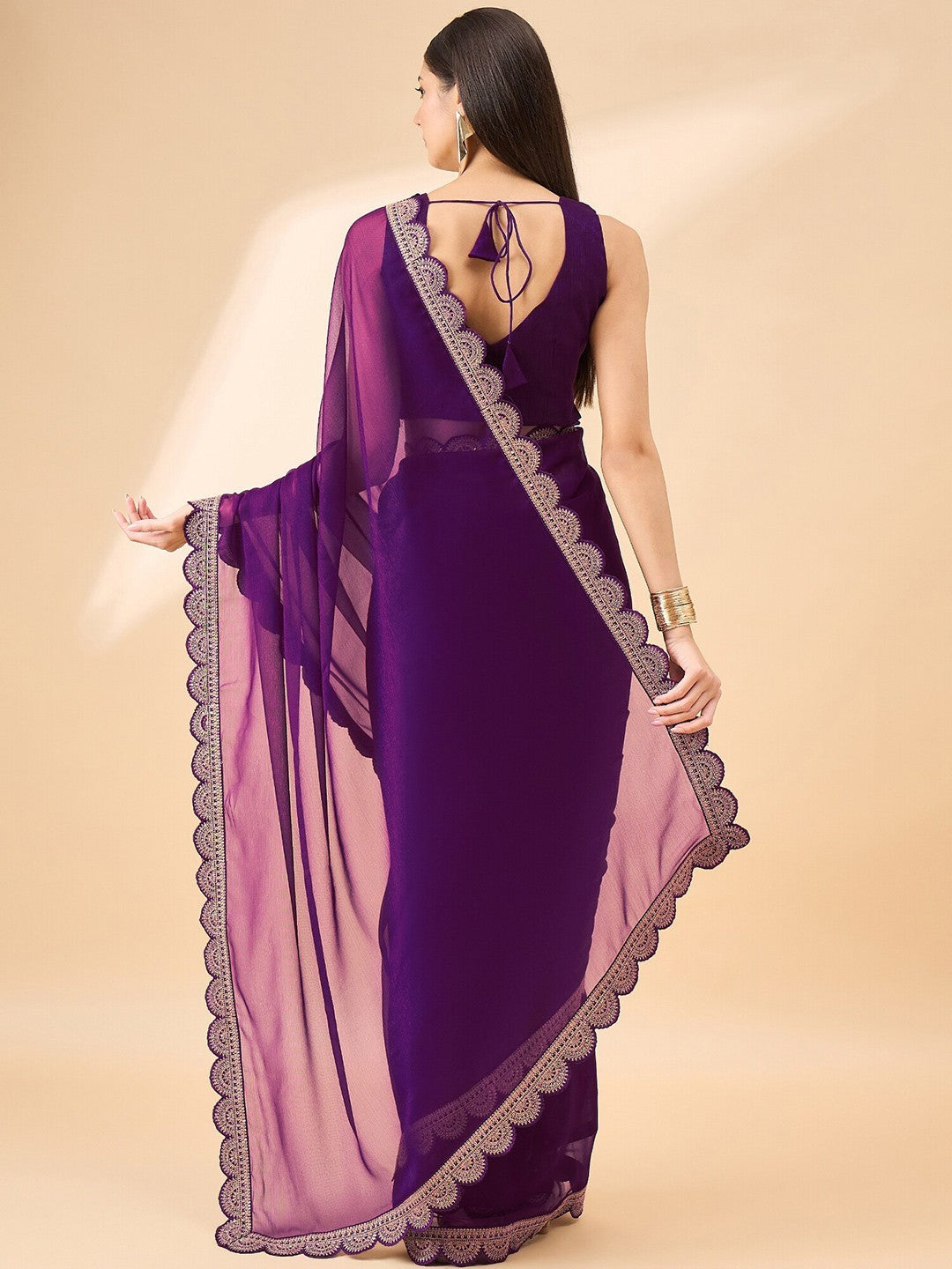 Purple Satin Chiffon Saree With Plain Saree With Embroidery Cut Work Lace