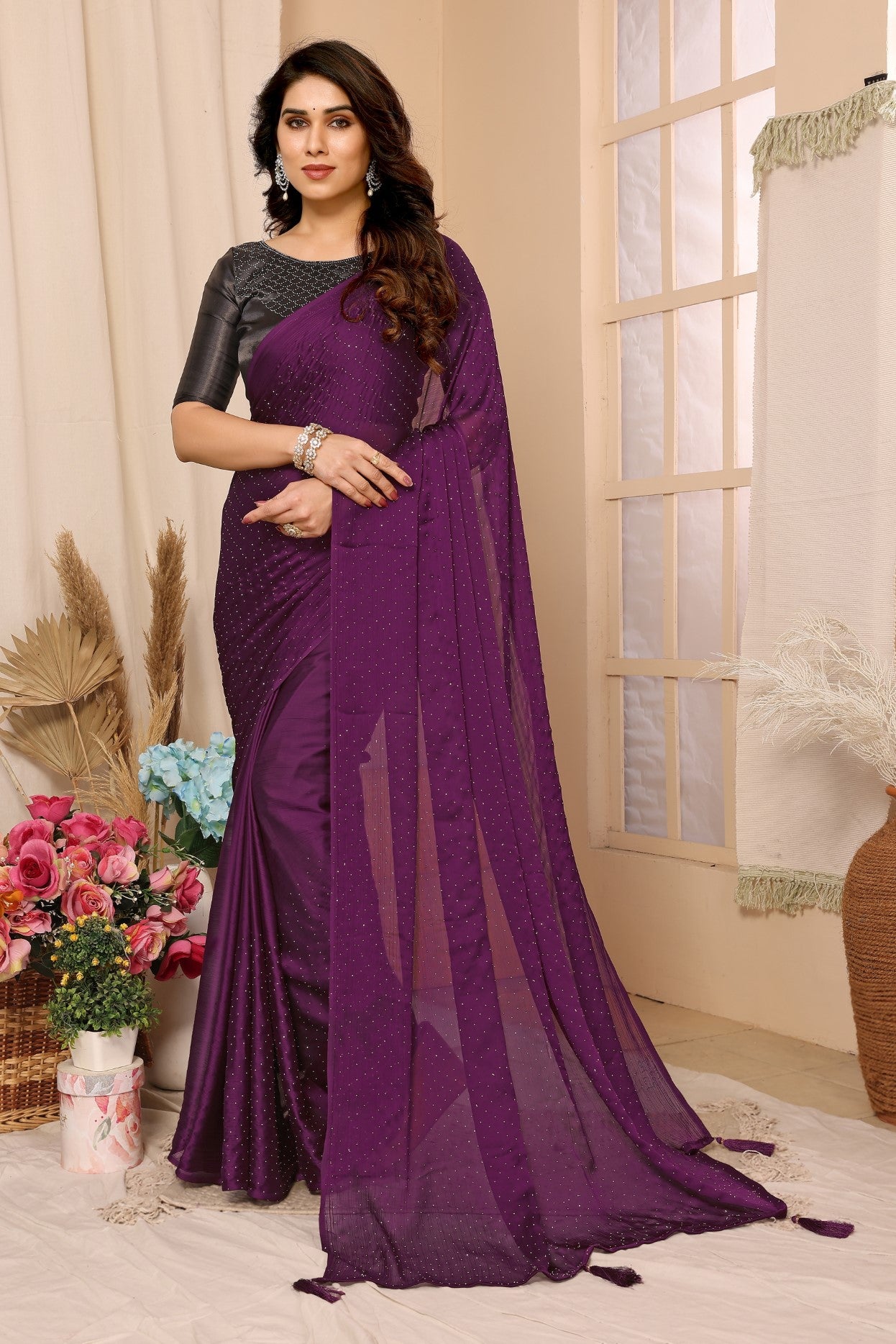 Purple Satin Chiffon Saree With Stone Work Saree And Stone Work Blouse