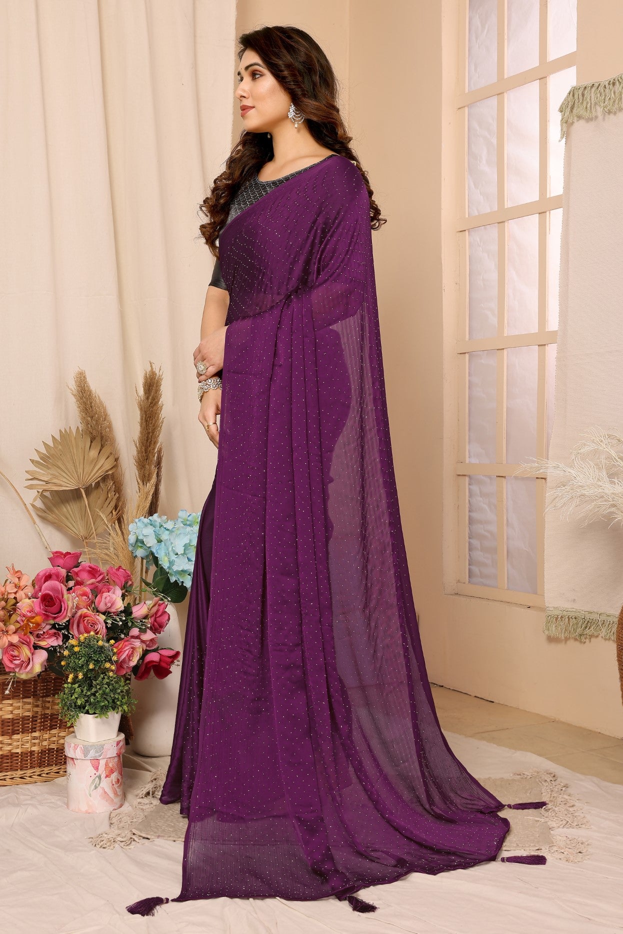 Purple Satin Chiffon Saree With Stone Work Saree And Stone Work Blouse