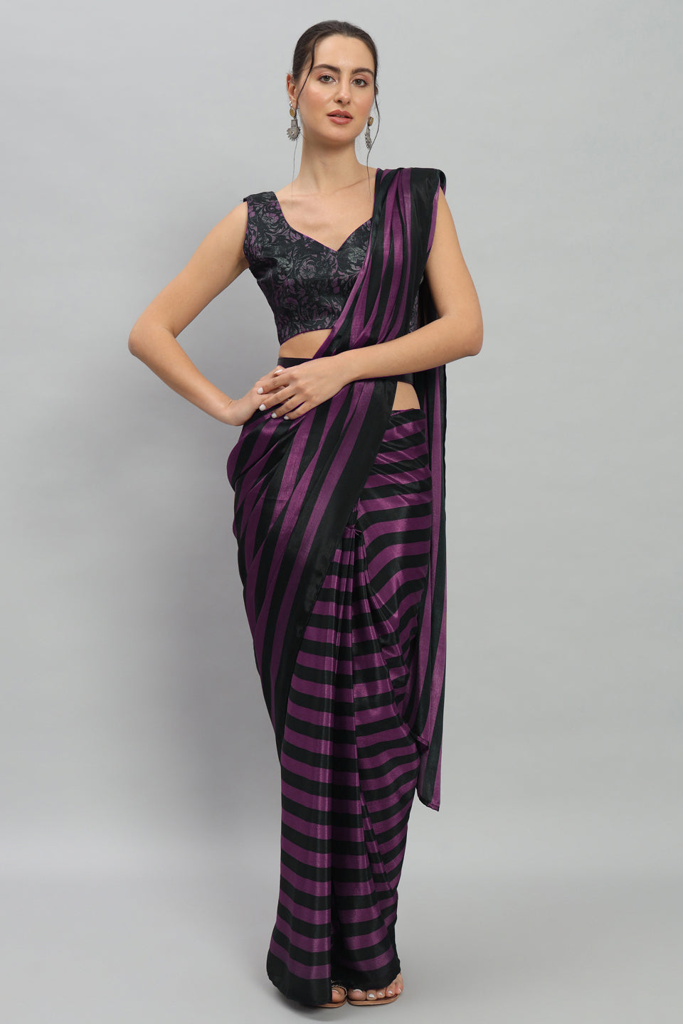 Purple Satin Designer Ready To Wear Ceremonial Saree