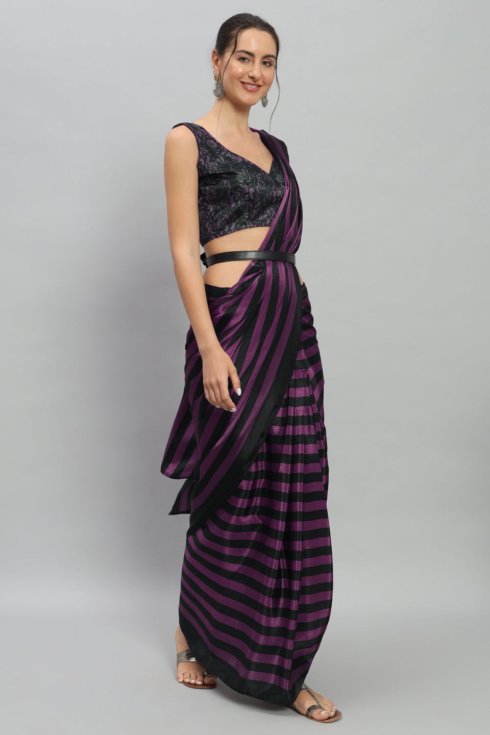 Purple Satin Designer Ready To Wear Ceremonial Saree