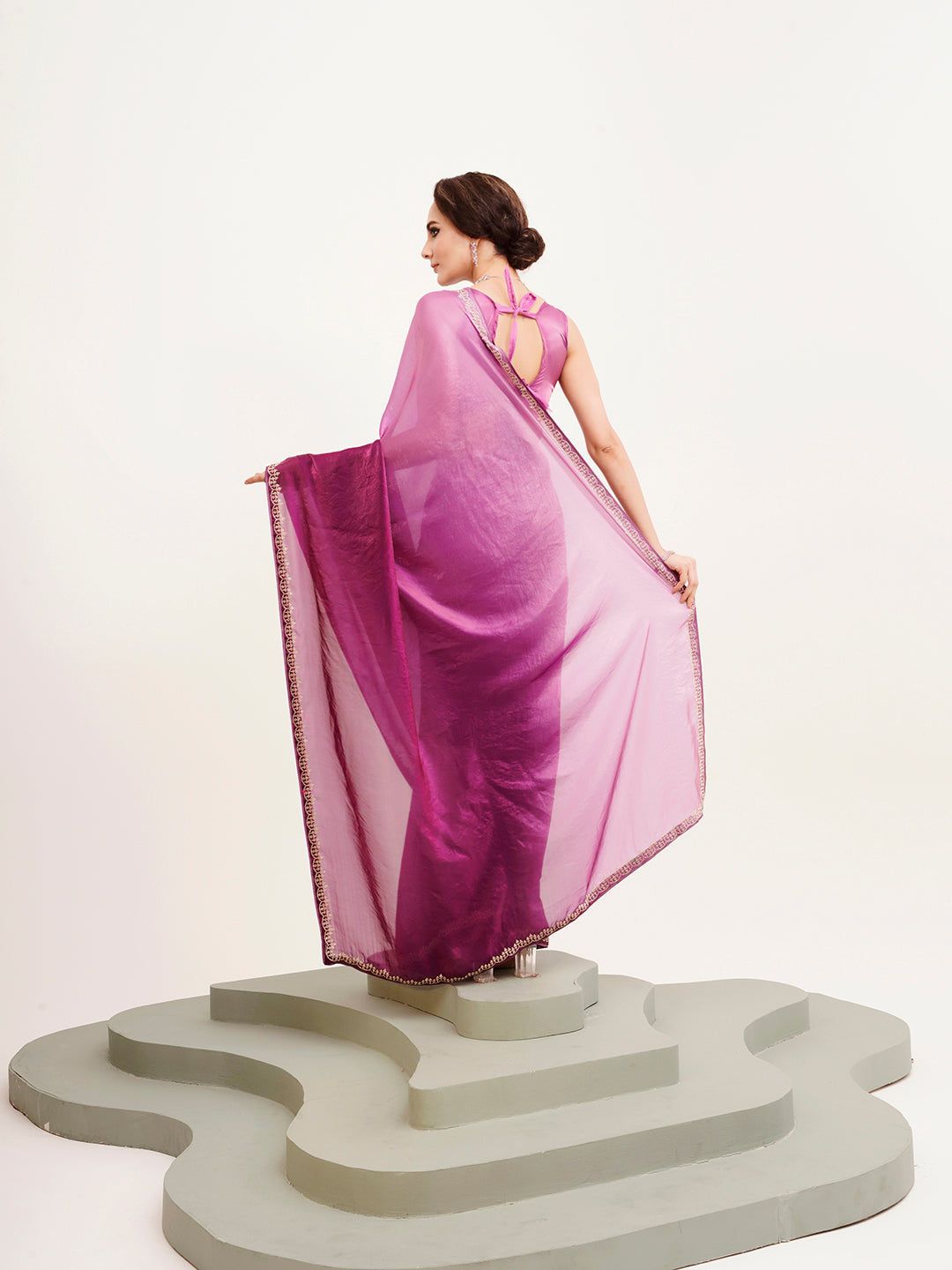 Purple Satin Embellished Beads And Stones Work Fancy Saree
