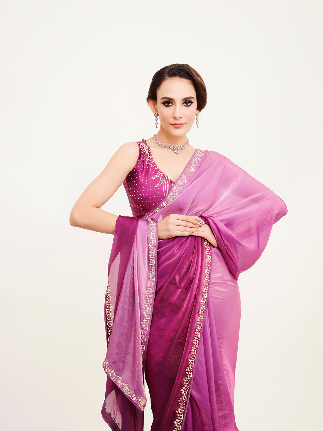 Purple Satin Embellished Beads And Stones Work Fancy Saree