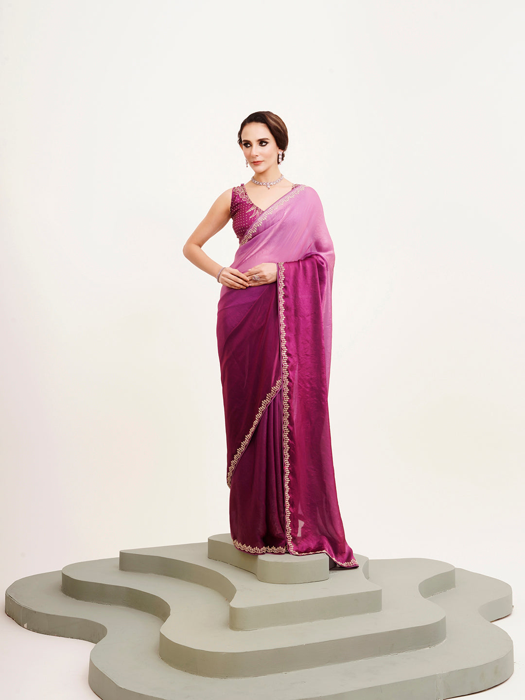 Purple Satin Embellished Beads And Stones Work Fancy Saree