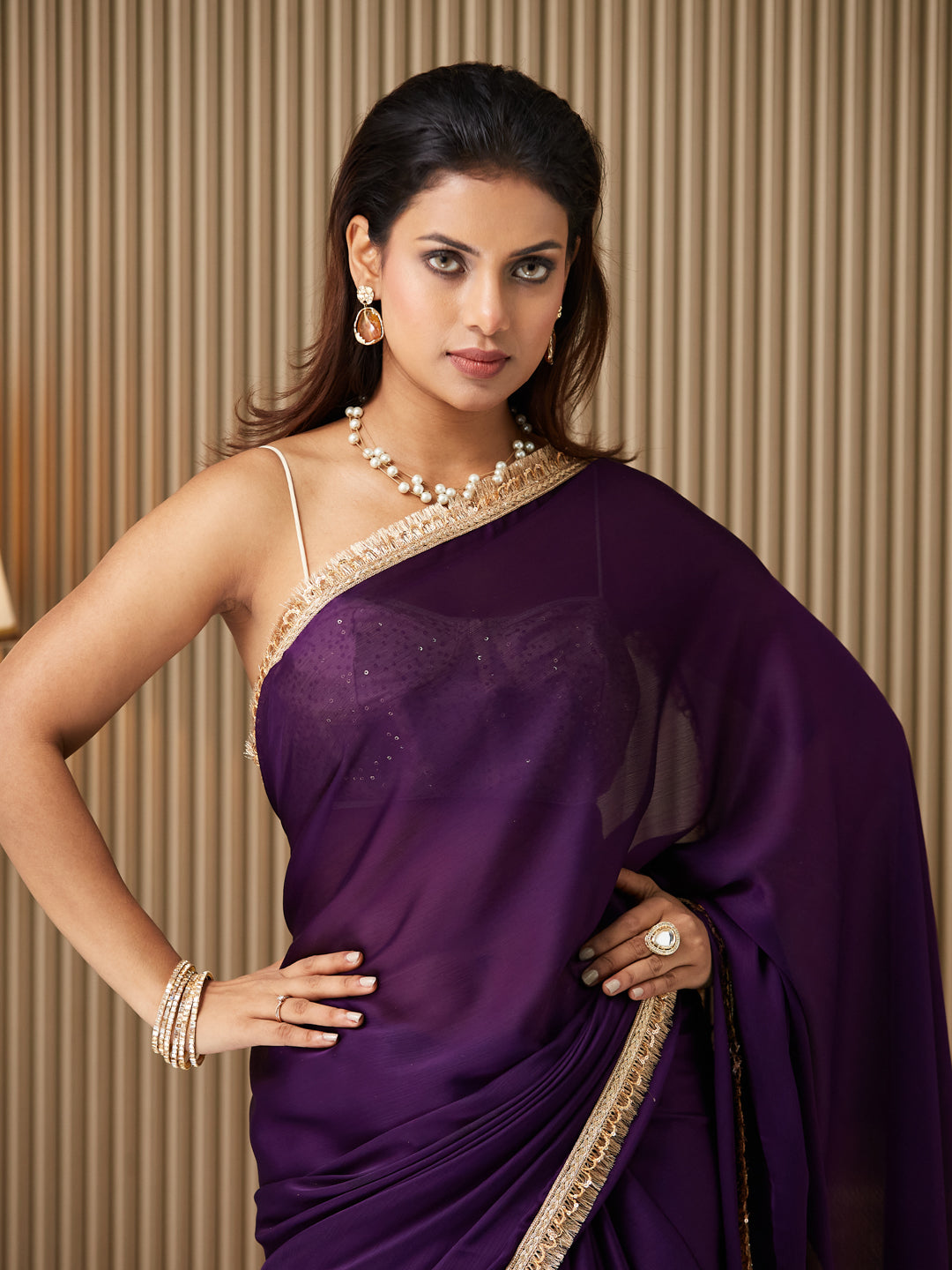 Purple Satin Fancy Designer Bollywood Party Saree