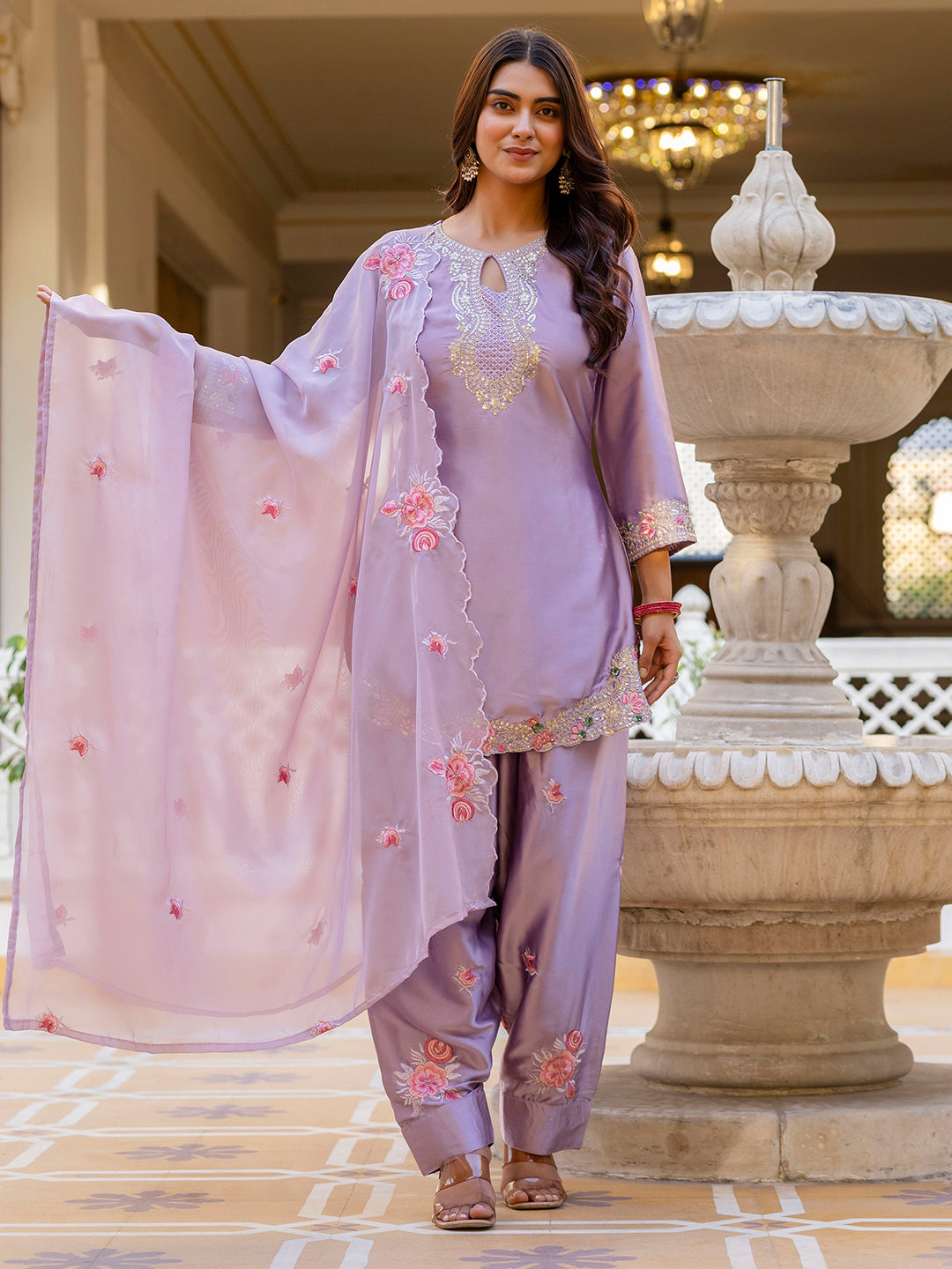 Purple Satin Kurta Patiala Pant Set With Heavy Thread Embroidery Sequins Work