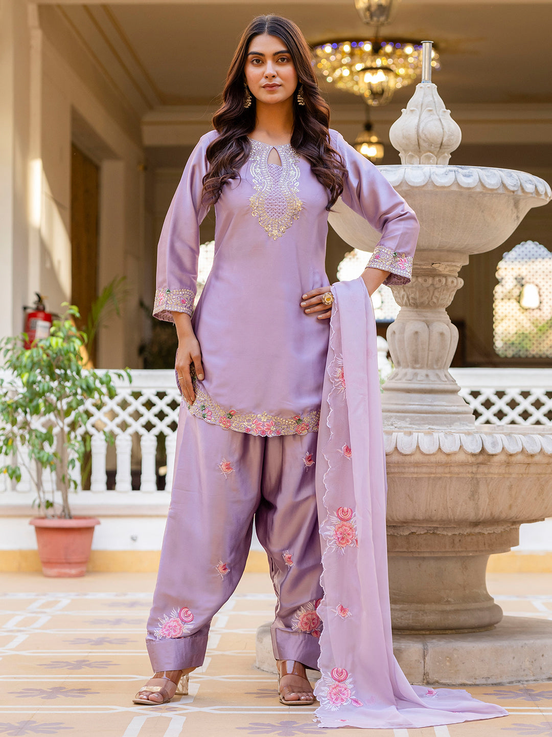 Purple Satin Kurta Patiala Pant Set With Heavy Thread Embroidery Sequins Work
