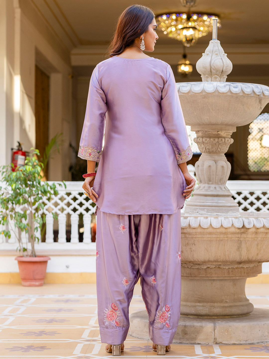 Purple Satin Kurta Patiala Pant Set With Heavy Thread Embroidery Sequins Work