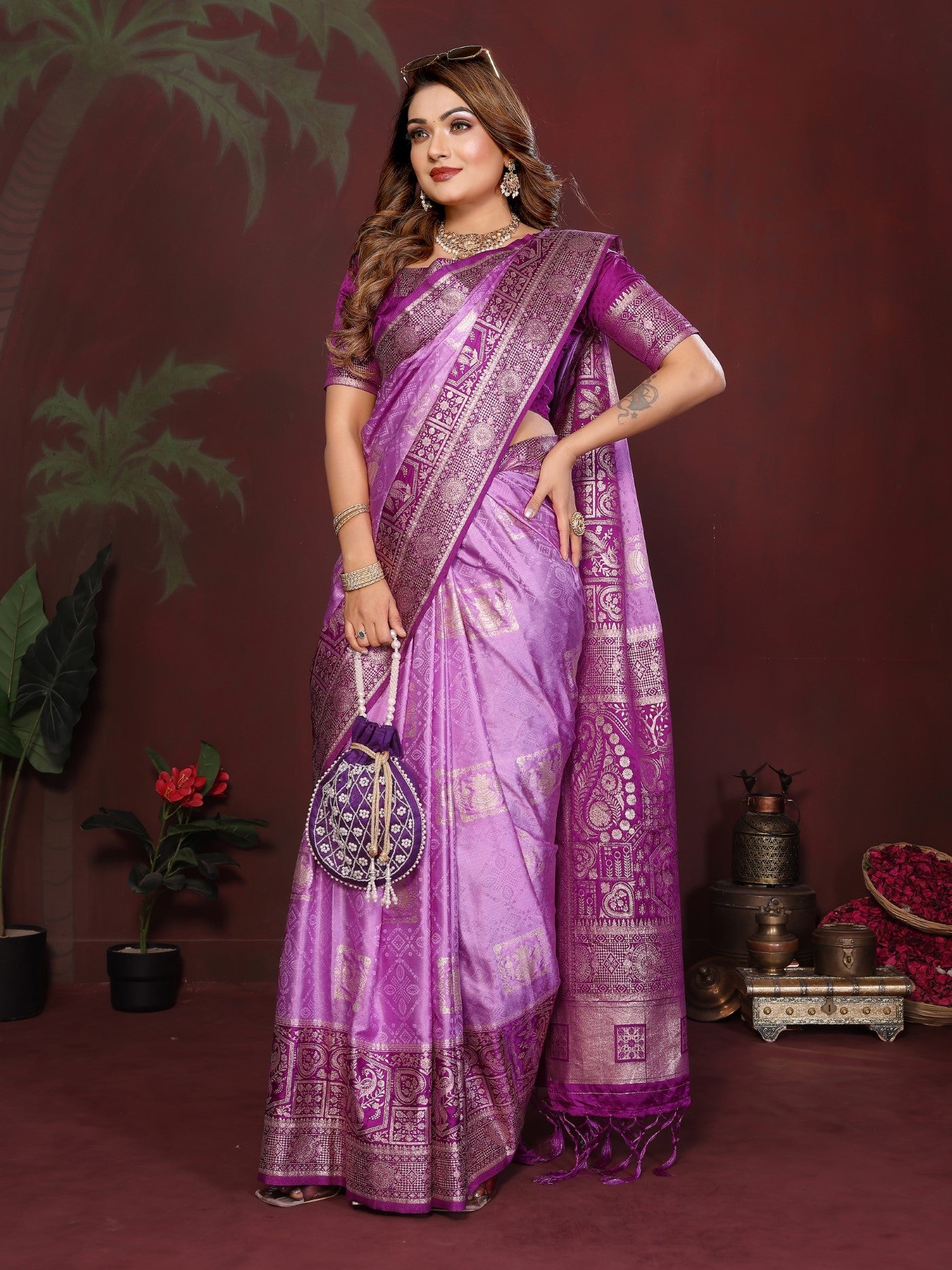 Purple Satin Silk Saree With Premium Zari Butta Designs