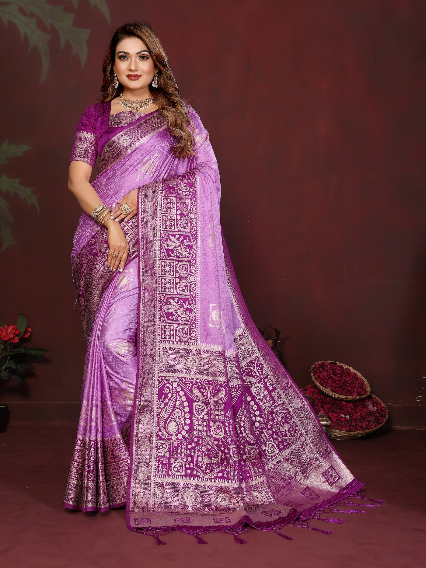 Purple Satin Silk Saree With Premium Zari Butta Designs