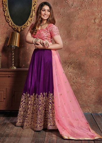 Purple Sequins Silk Wedding Lehenga With Pastel Pink Choli and Dupatta