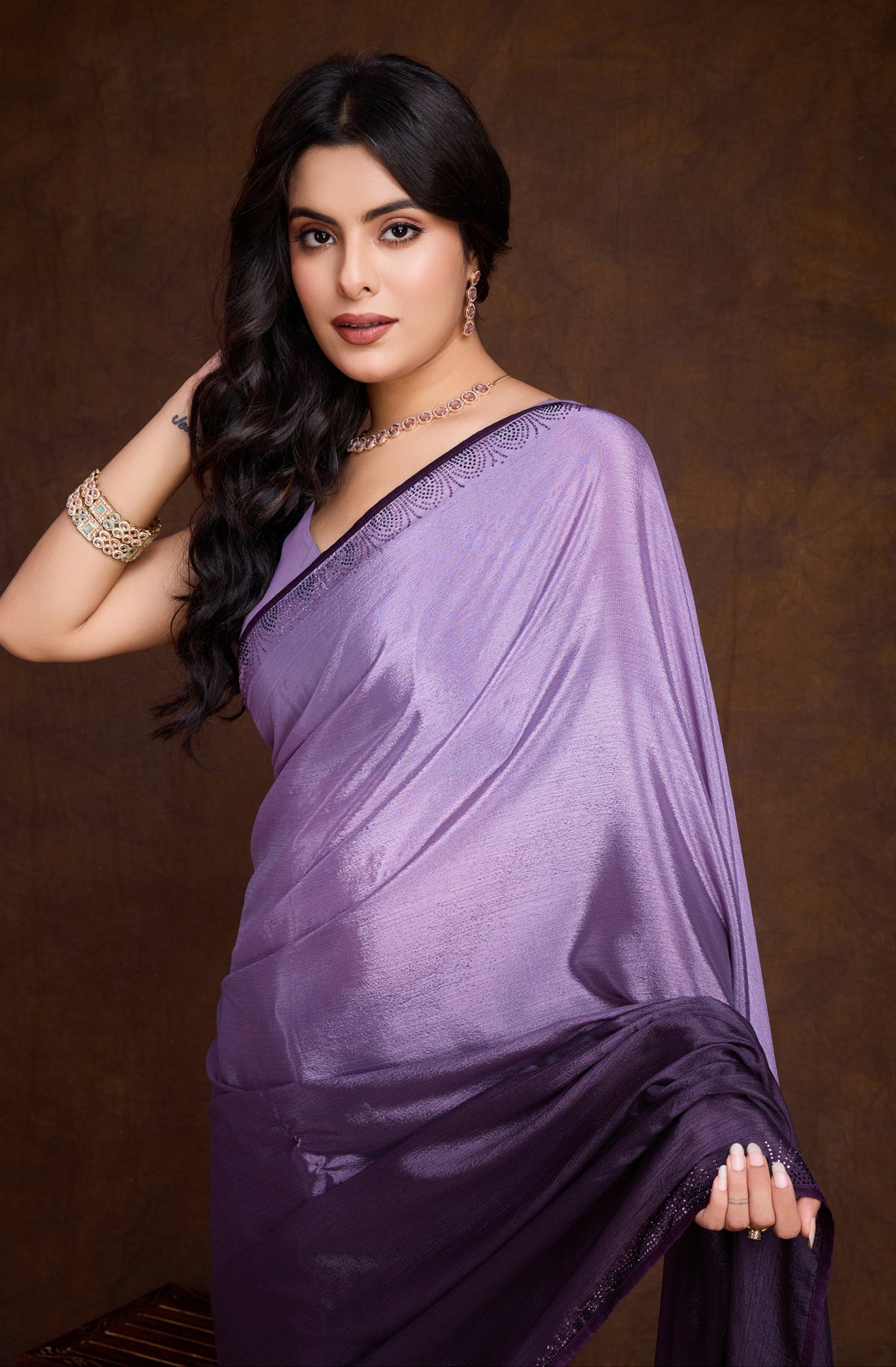 Purple Shaded Chinon Saree with Swarovski Piping Border Work