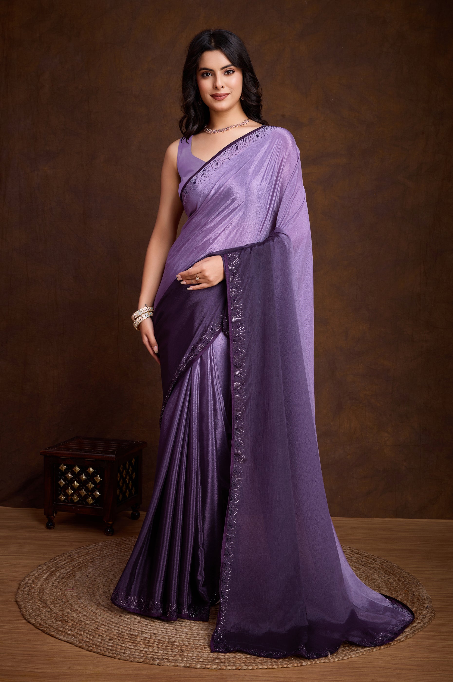Purple Shaded Chinon Saree with Swarovski Piping Border Work