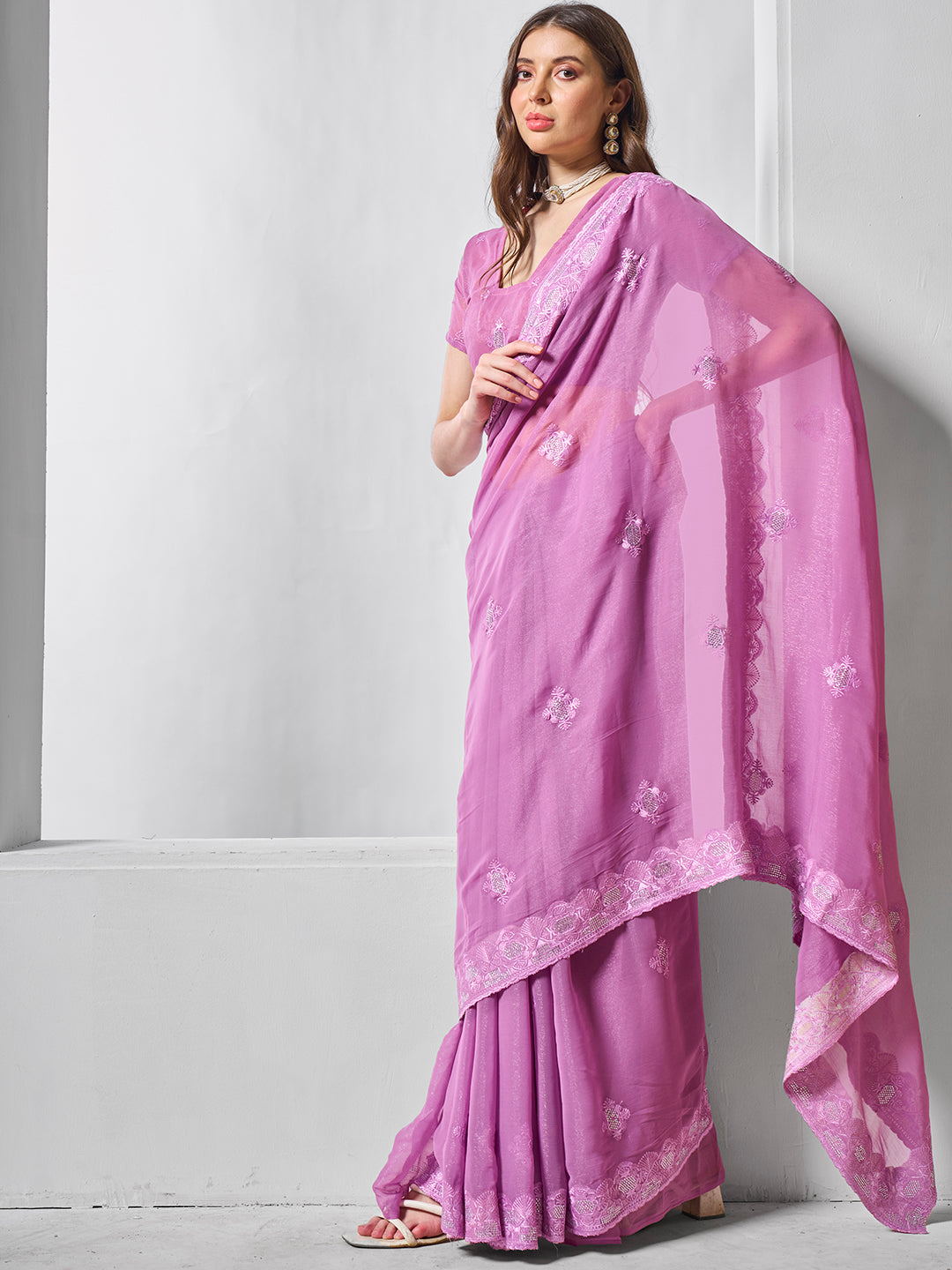 Purple Shimmer Chiffon Fabric Designer Embroidery Work Ceremonial Partywear Saree