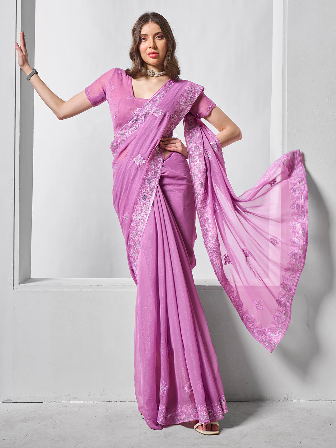 Purple Shimmer Chiffon Fabric Designer Embroidery Work Ceremonial Partywear Saree