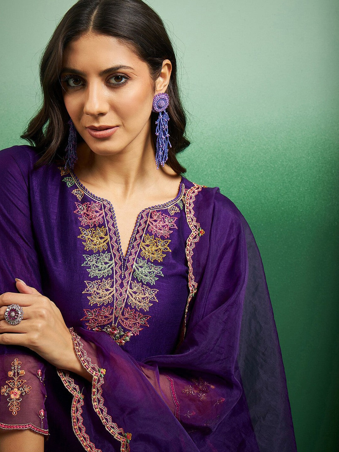 Purple Silk Blend Kurta Pant with Heavy Thread Embroidery Work