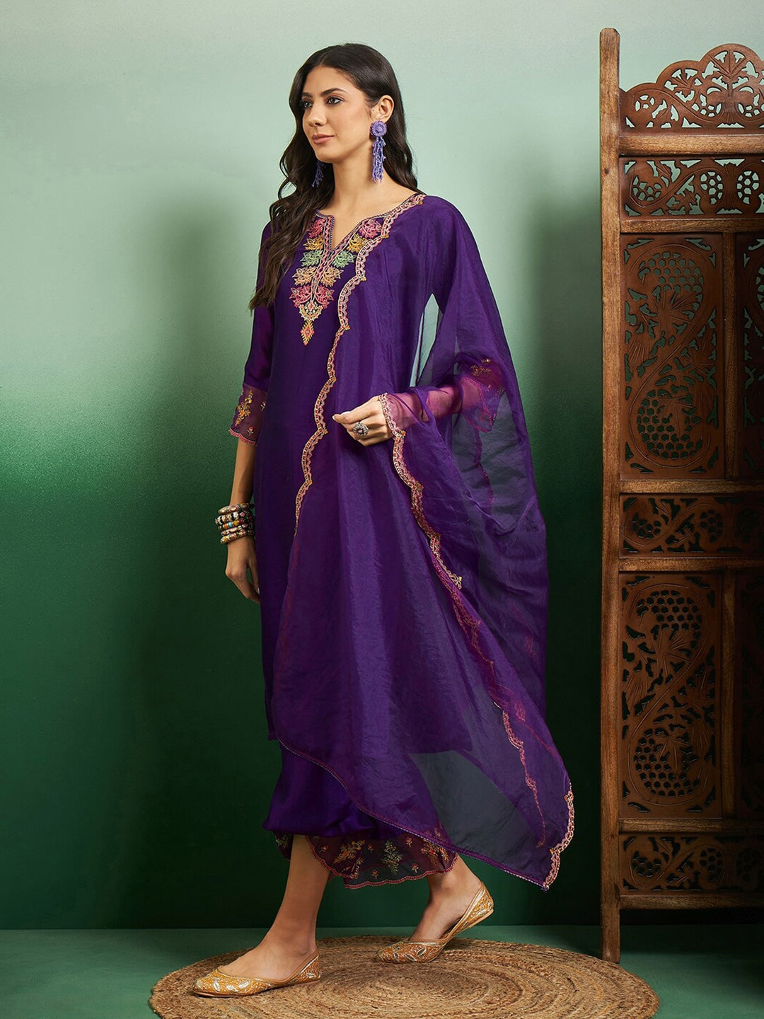 Purple Silk Blend Kurta Pant with Heavy Thread Embroidery Work