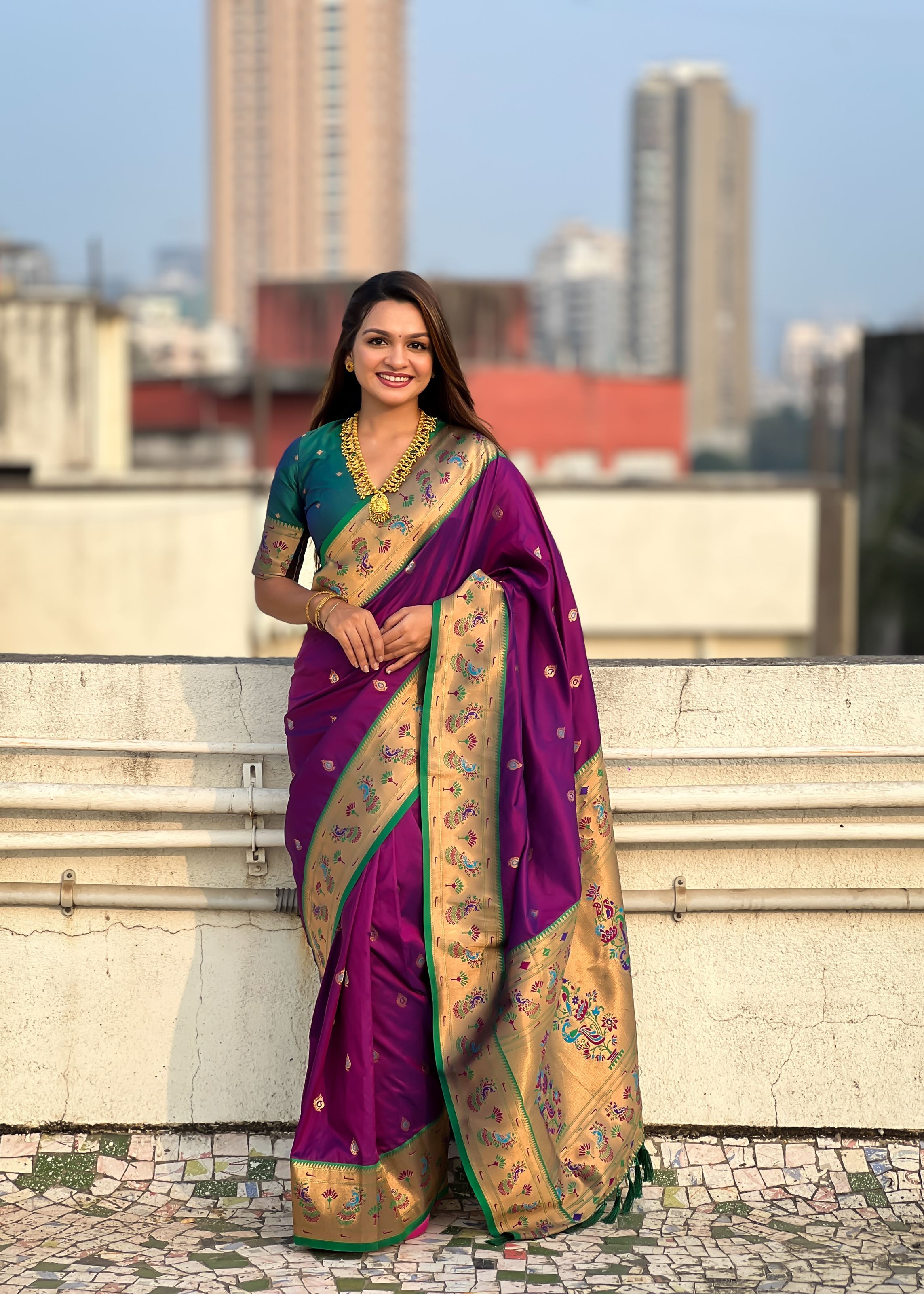 Purple Silk Blend Paithani Saree