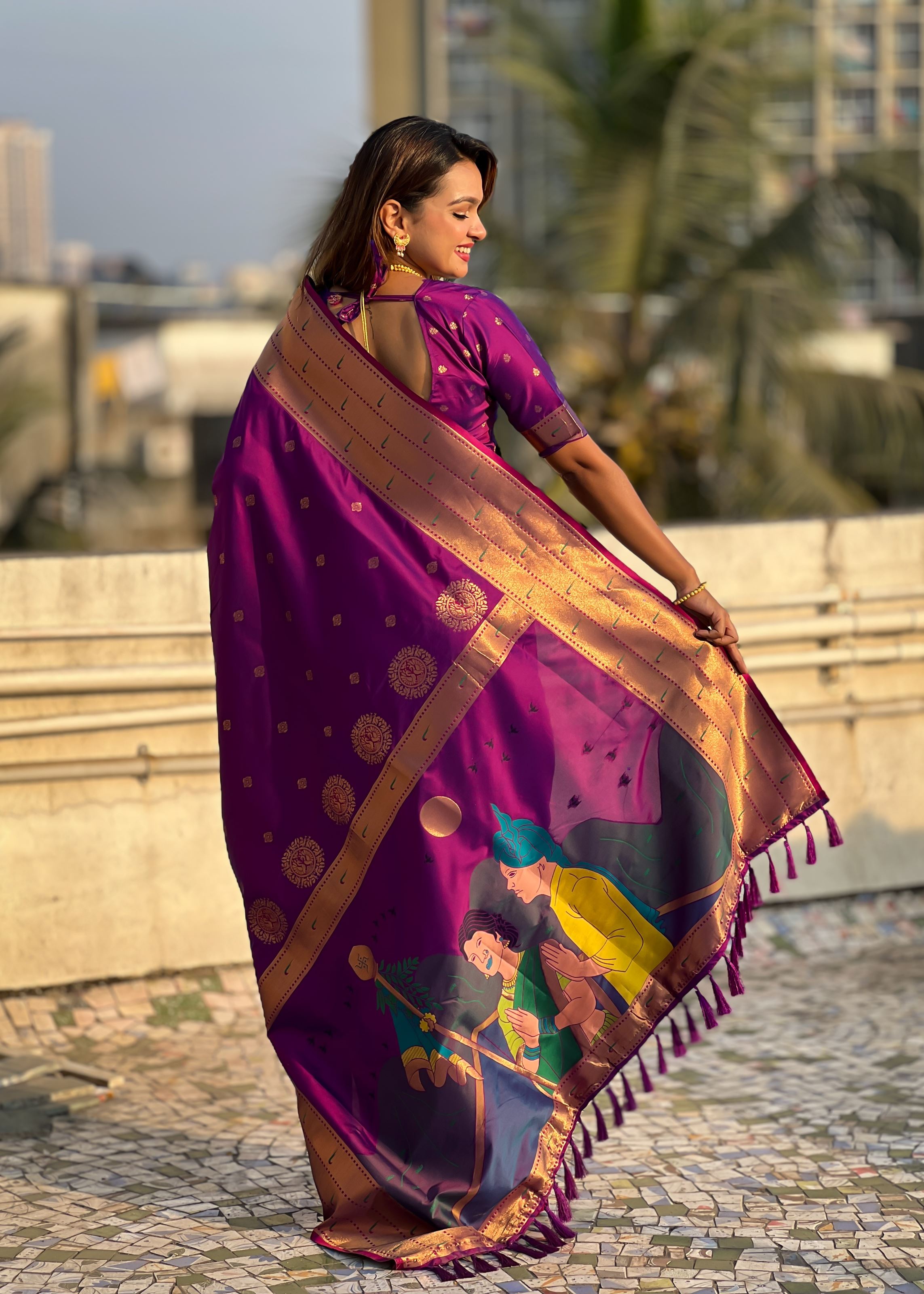 Purple Silk Blend Paithani Saree With Gudi Padwa Print