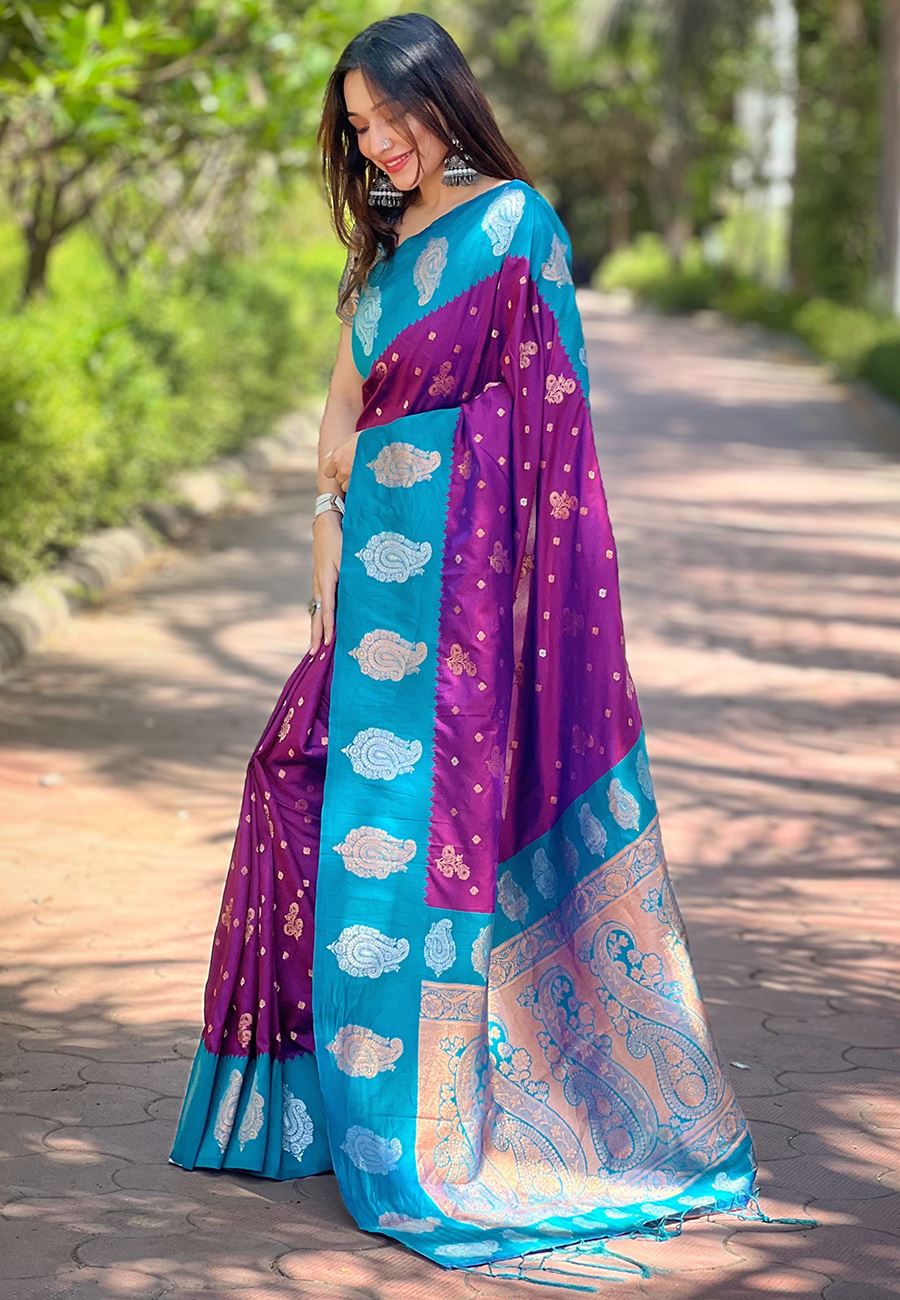Purple Silk Blend Saree With Floral Border Zari Woven Work