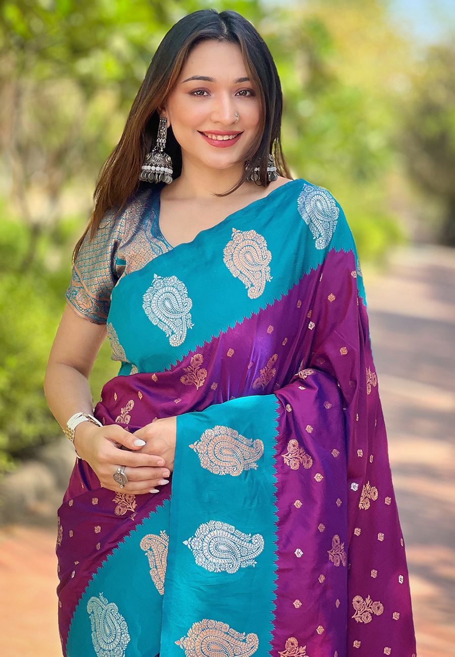 Purple Silk Blend Saree With Floral Border Zari Woven Work