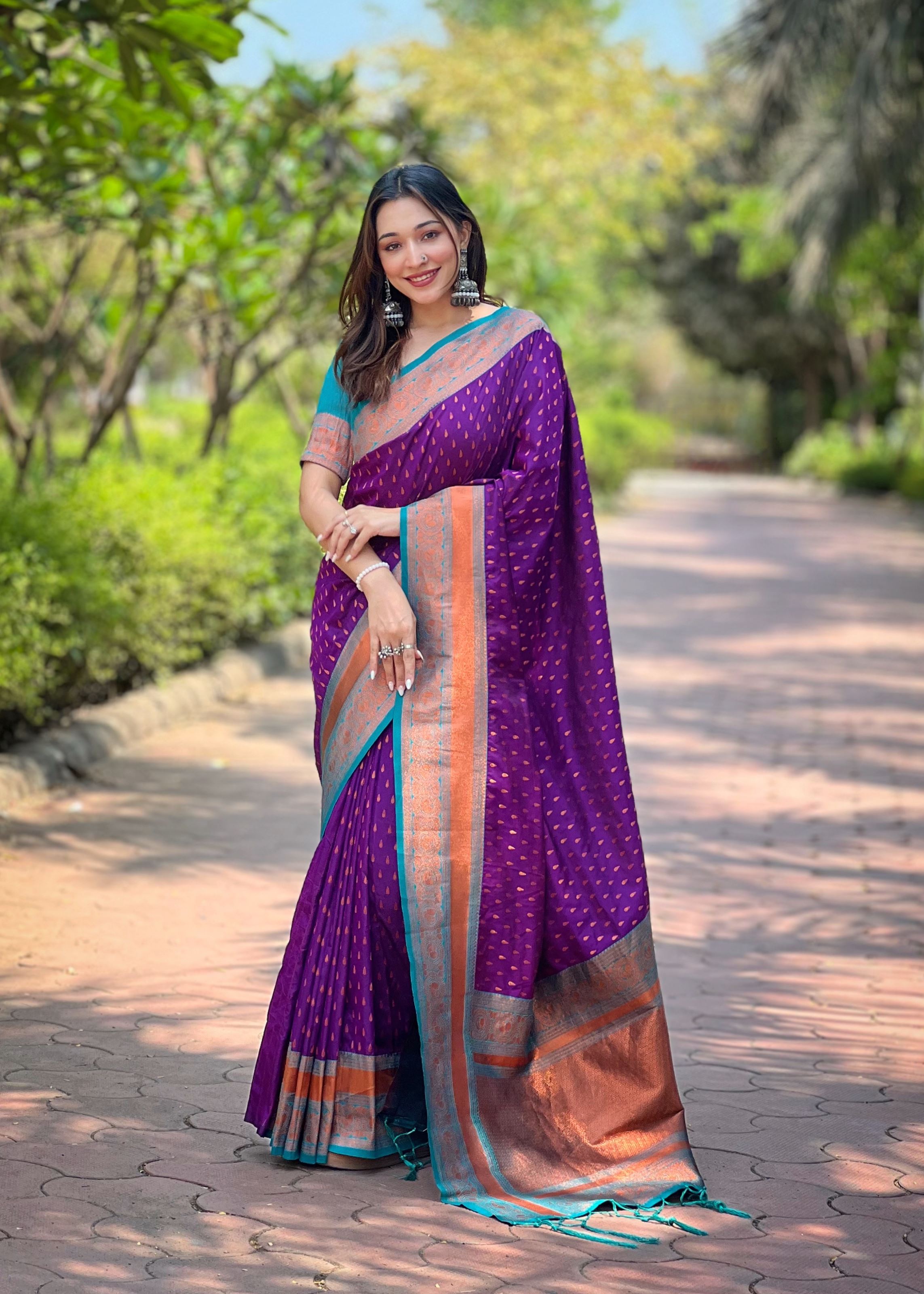 Purple Silk Blend Saree With Woven Work