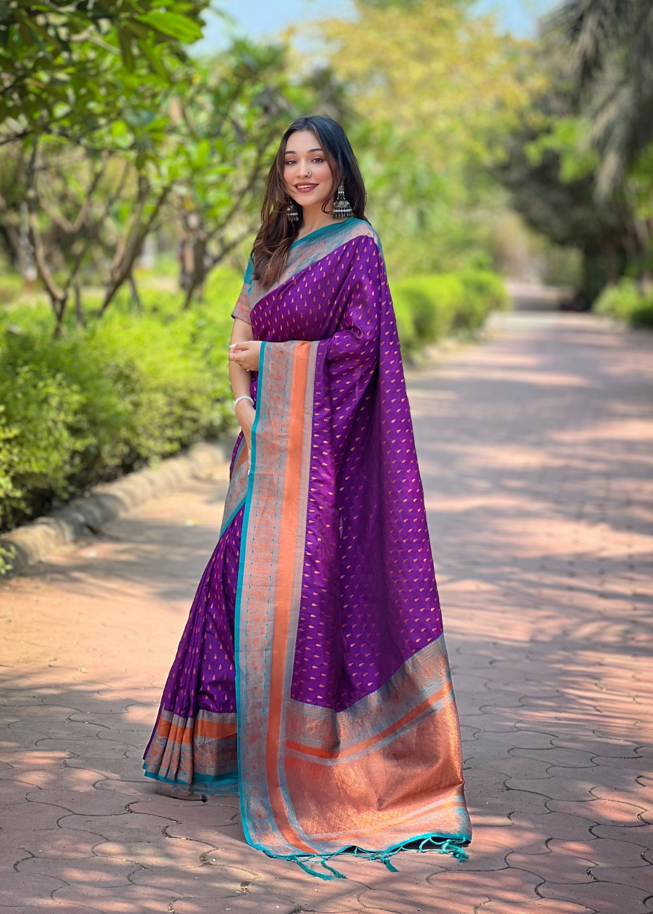 Purple Silk Blend Saree With Woven Work