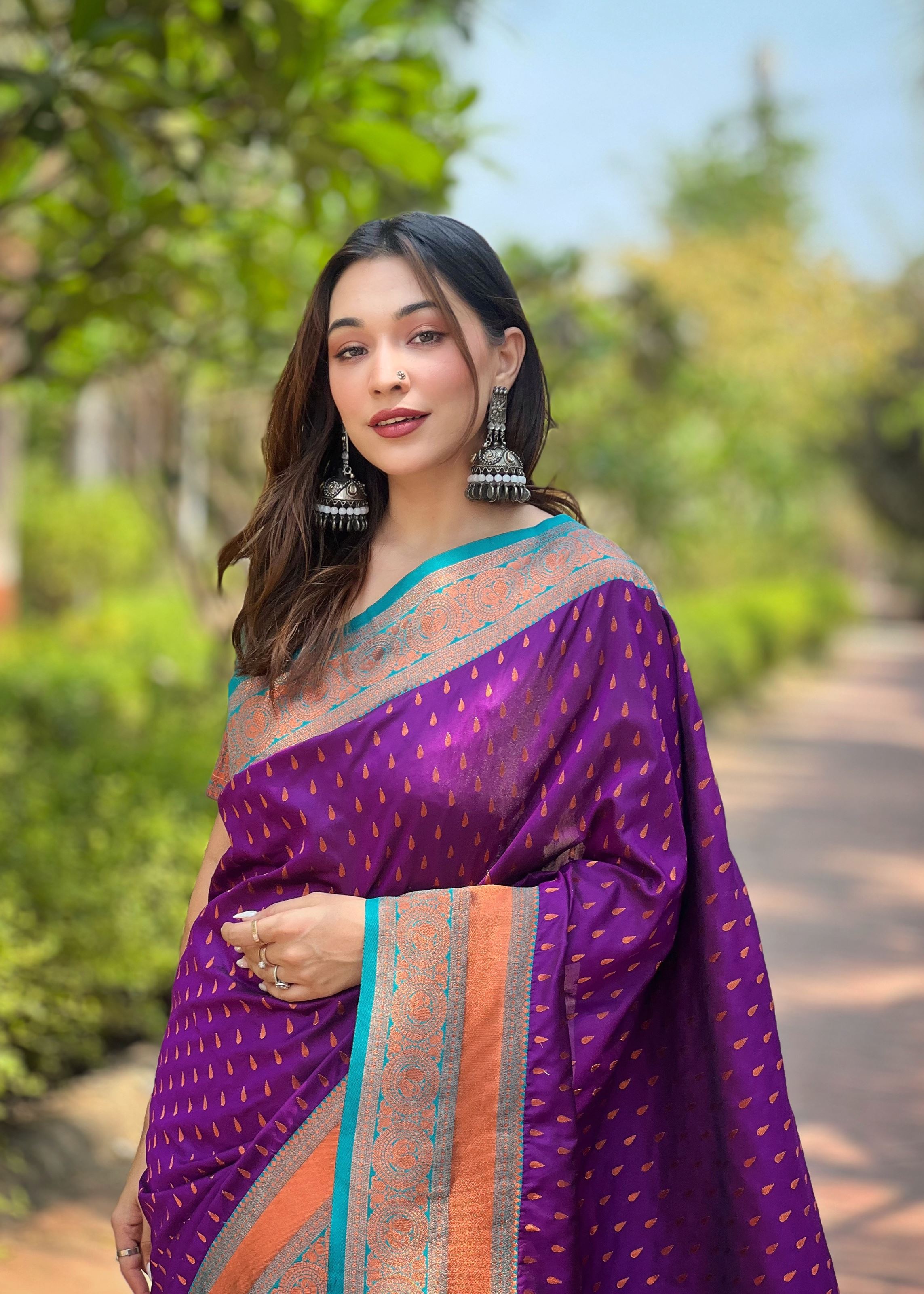 Purple Silk Blend Saree With Woven Work