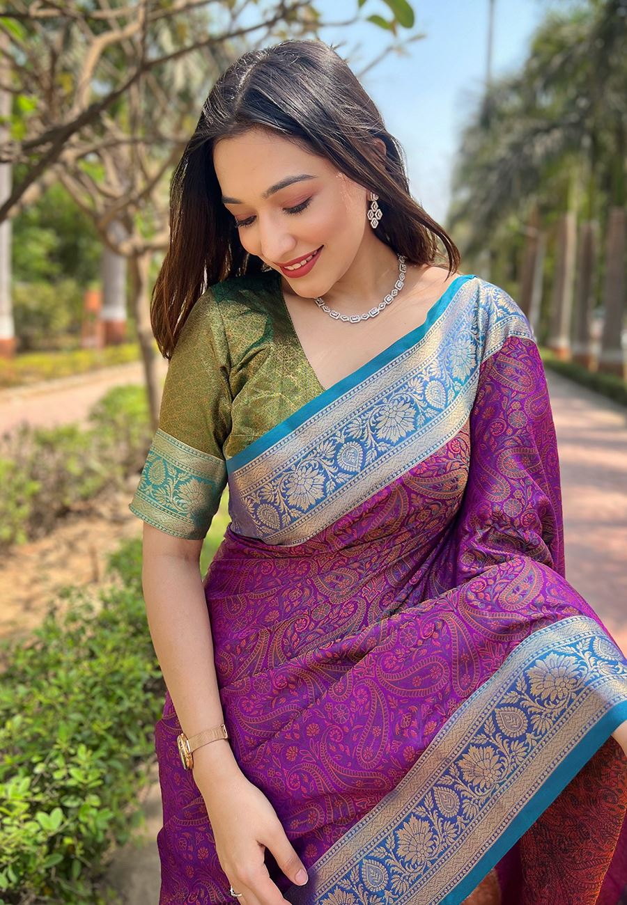 Purple Silk Blend Saree With Zari and Woven Work