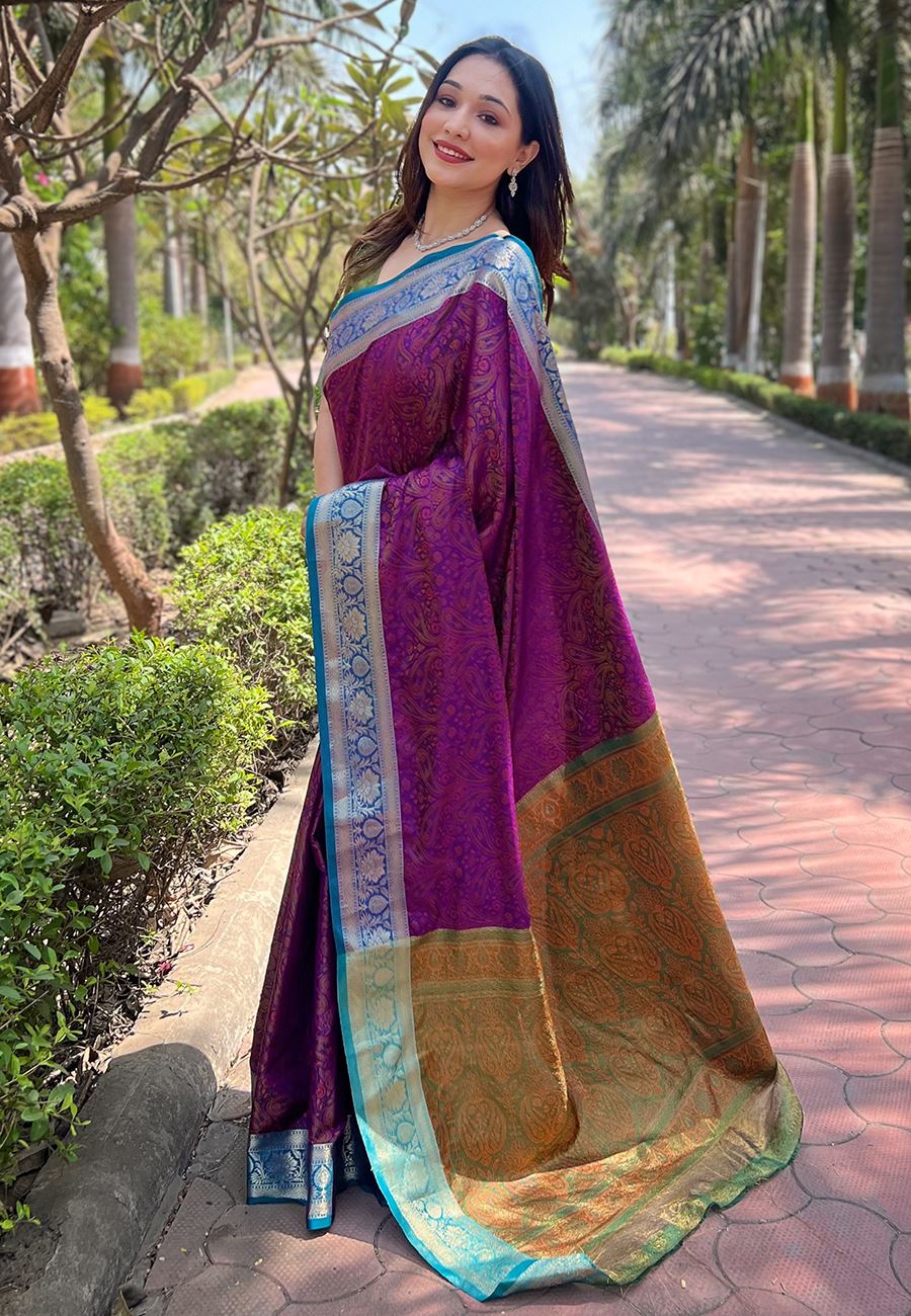 Purple Silk Blend Saree With Zari and Woven Work
