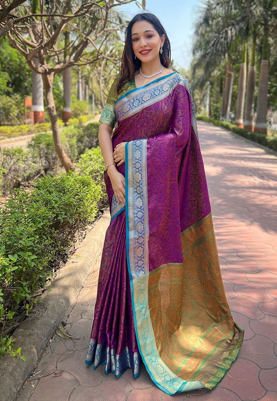 Purple Silk Blend Saree With Zari and Woven Work