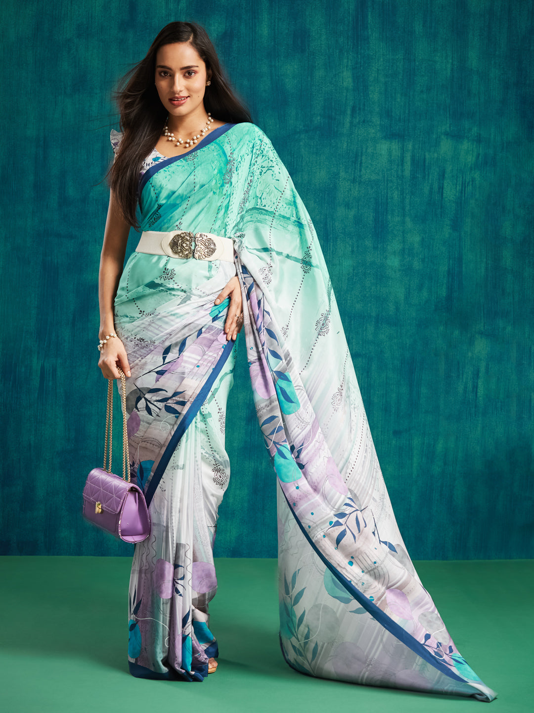 Purple Silk Crepe Designer Digital Printed Ready To Wear Saree