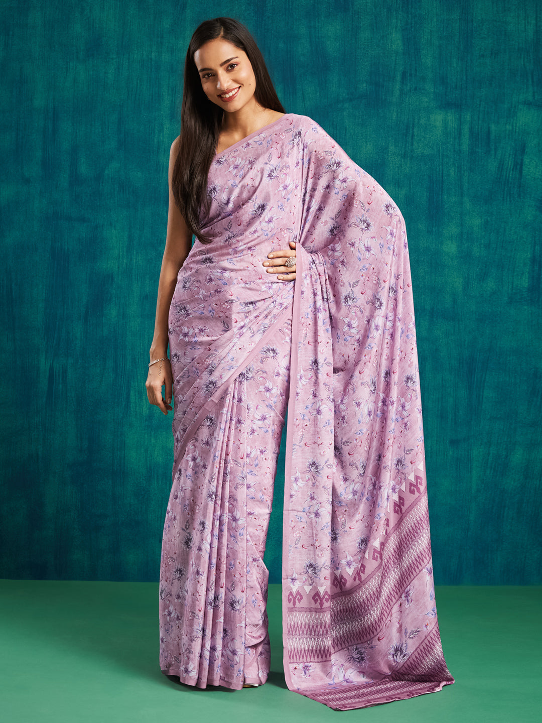 Purple Silk Crepe Designer Printed Ready To Wear Saree
