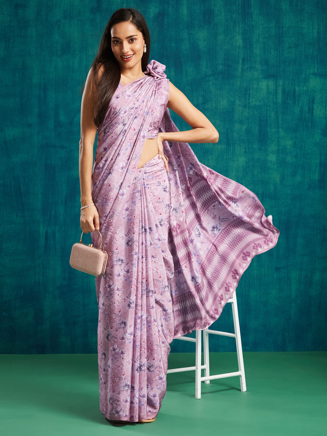 Purple Silk Crepe Designer Printed Ready To Wear Saree