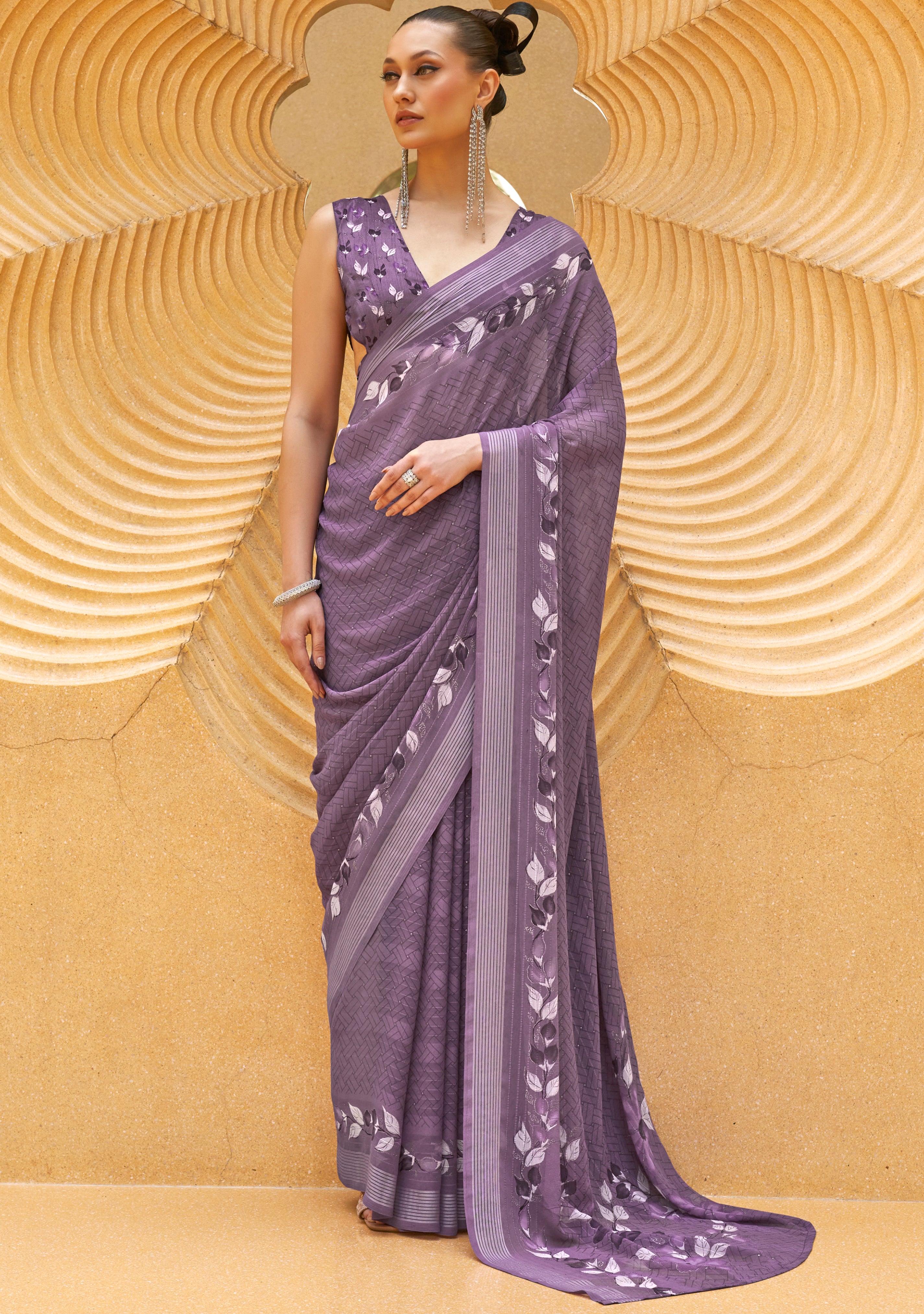 Purple Silk Georgette Saree With  Printed