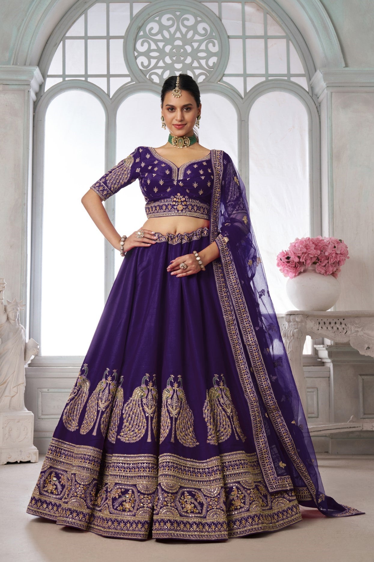 Purple Silk Peacock Motif Embroidered Wedding Lehenga Choli