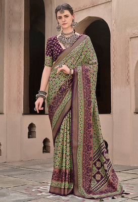 Purple Silk Saree With  Ajrakh Print