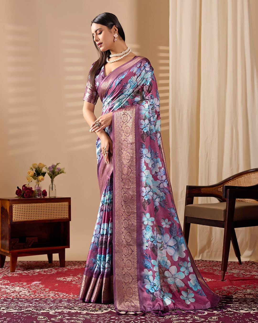 Purple Soft Lichi Silk Saree With Digital Printed Premium Festive Saree